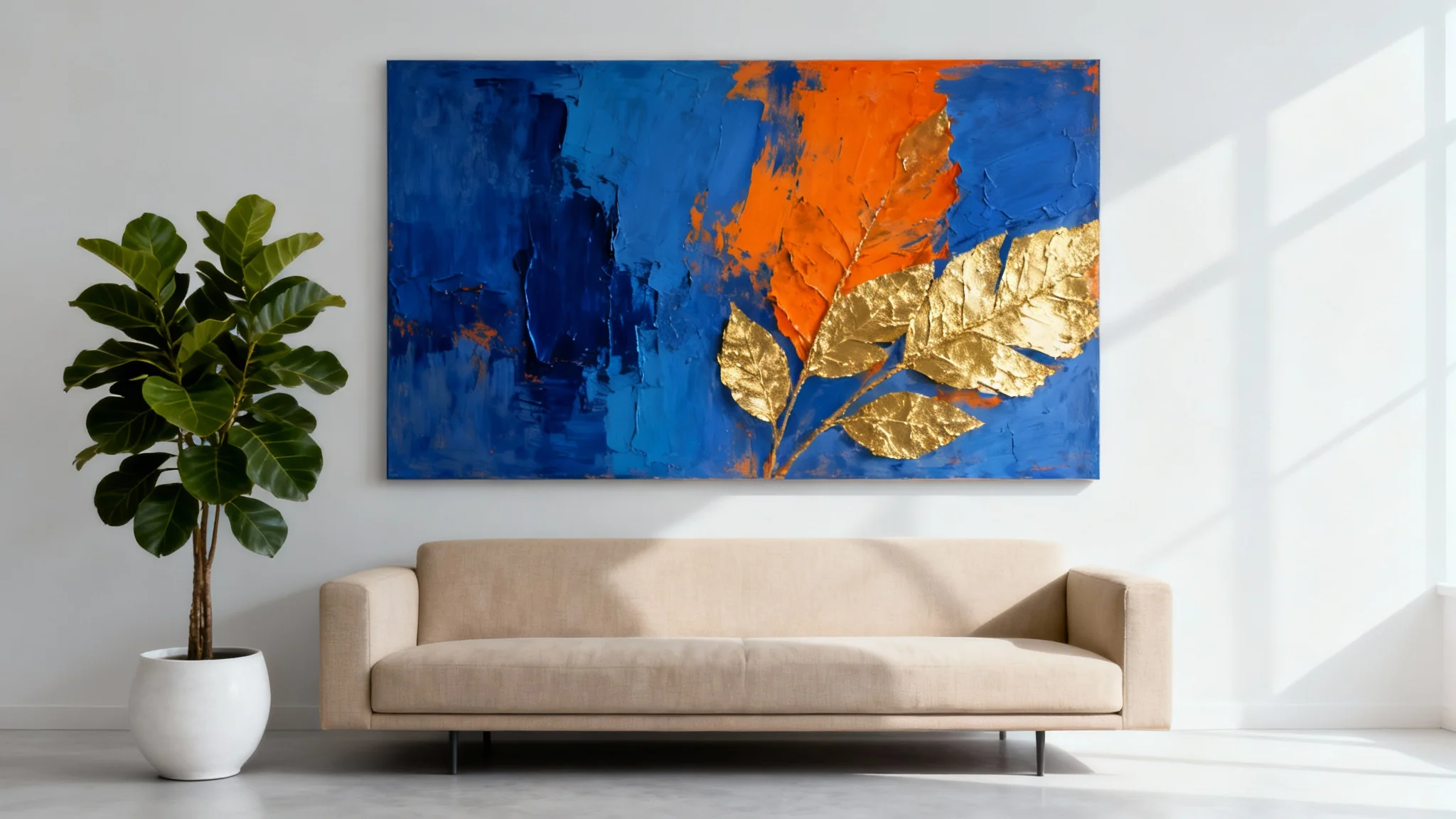 A photorealistic mockup of a modern living room showing a large abstract painting hanging on the wall above a sofa, visualizing the artwork in a realistic home setting.