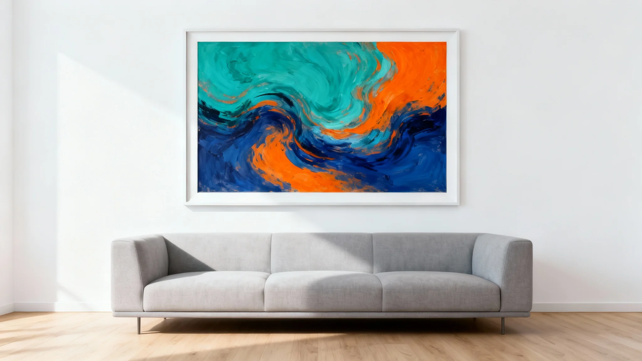 A large abstract painting hangs on a white wall in a modern living room, demonstrating how an art visualizer can place artwork in a real space.