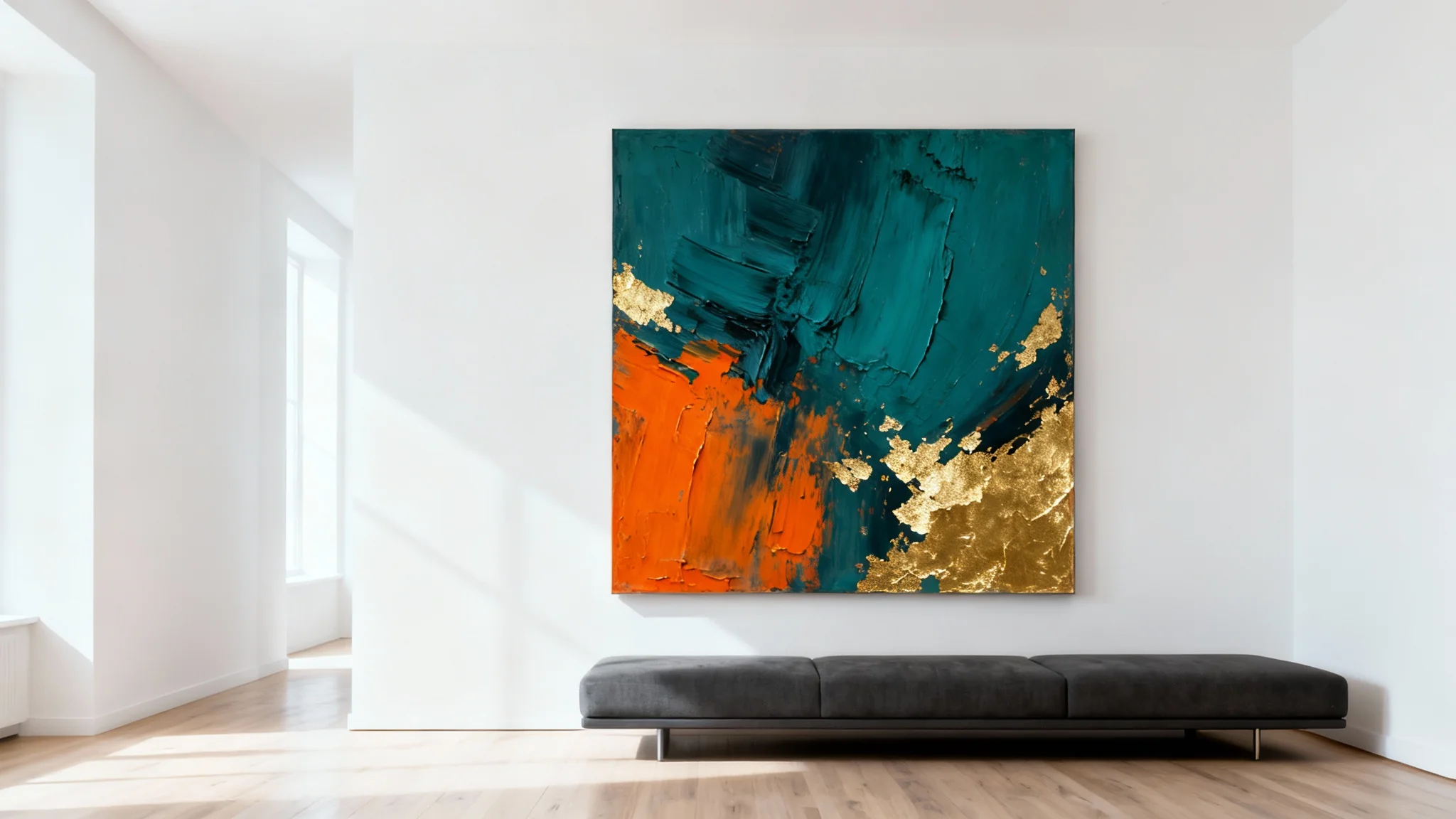 A photorealistic mockup of a modern living room showcasing a large abstract painting with teal and orange colors hanging on a white wall above a grey sofa, illustrating an art visualizer.