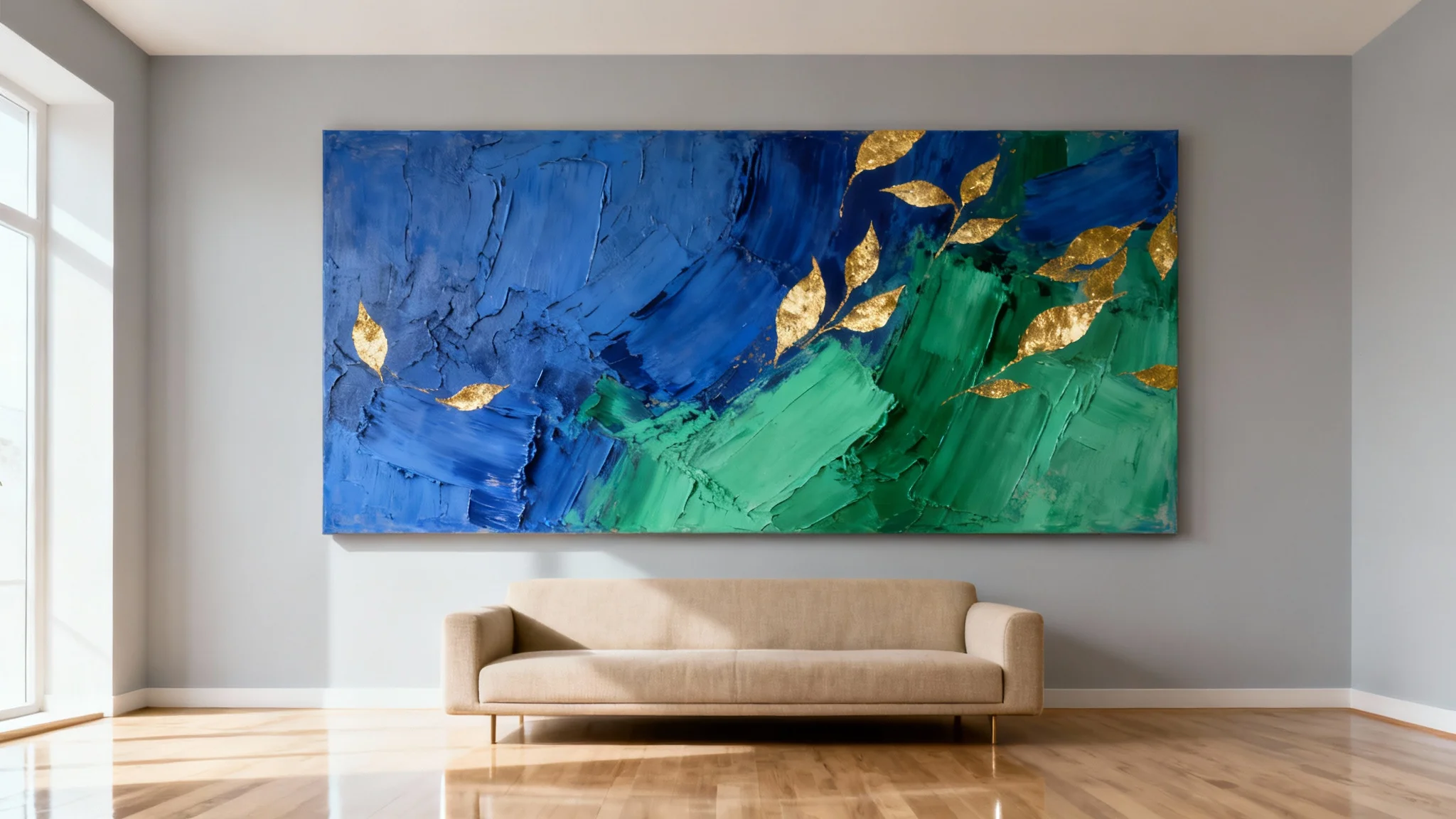 A photorealistic mockup of a modern living room showcasing a large, colorful abstract painting hanging on the wall above a minimalist sofa, visualizing how art looks in a real space.
