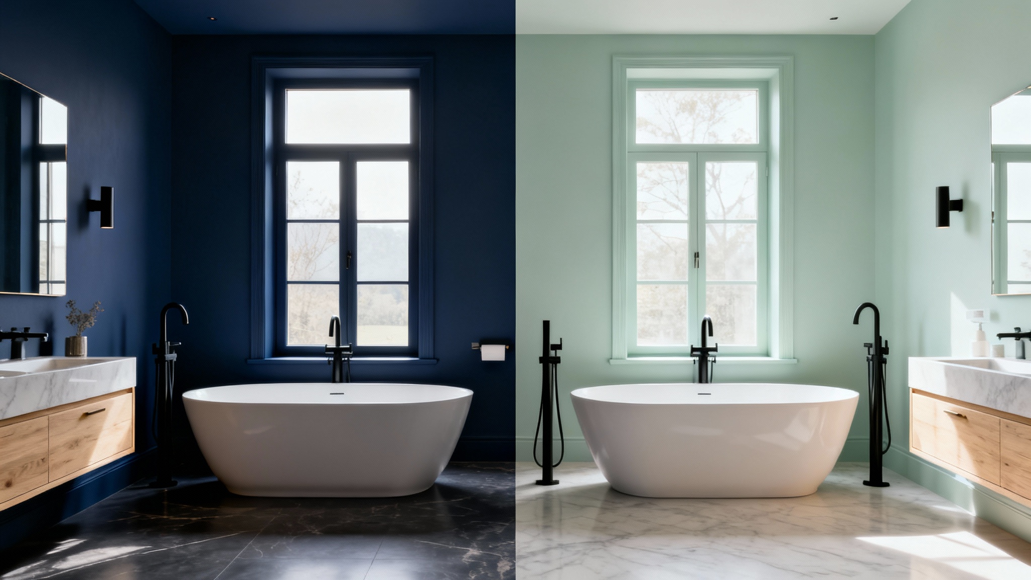 A split-screen image of a modern bathroom. The left side shows the walls painted navy blue, and the right side shows the same walls painted sage green, demonstrating a color visualizer tool.