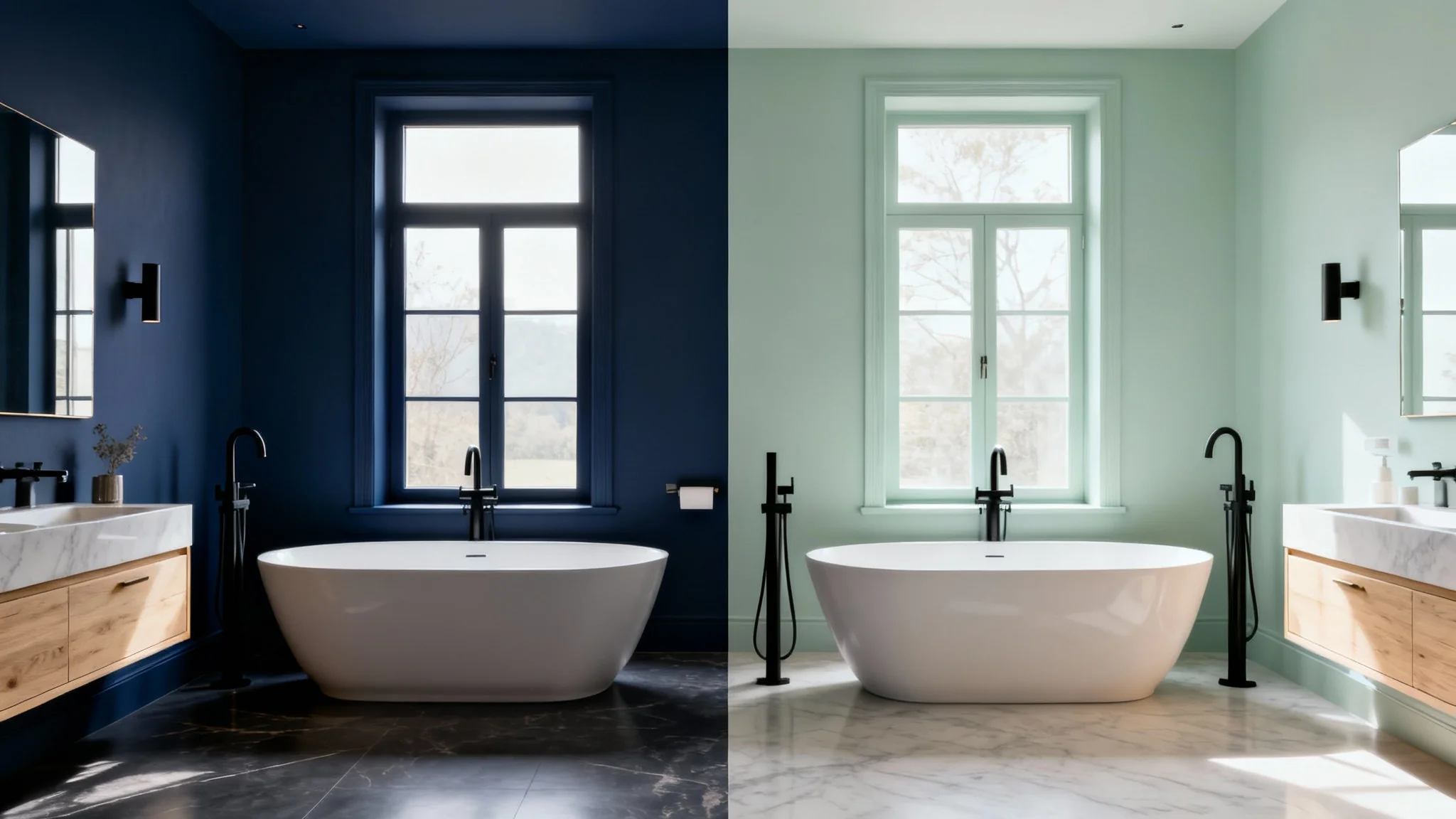 A split-screen image of a modern bathroom. The left side shows the walls painted navy blue, and the right side shows the same walls painted sage green, demonstrating a color visualizer tool.