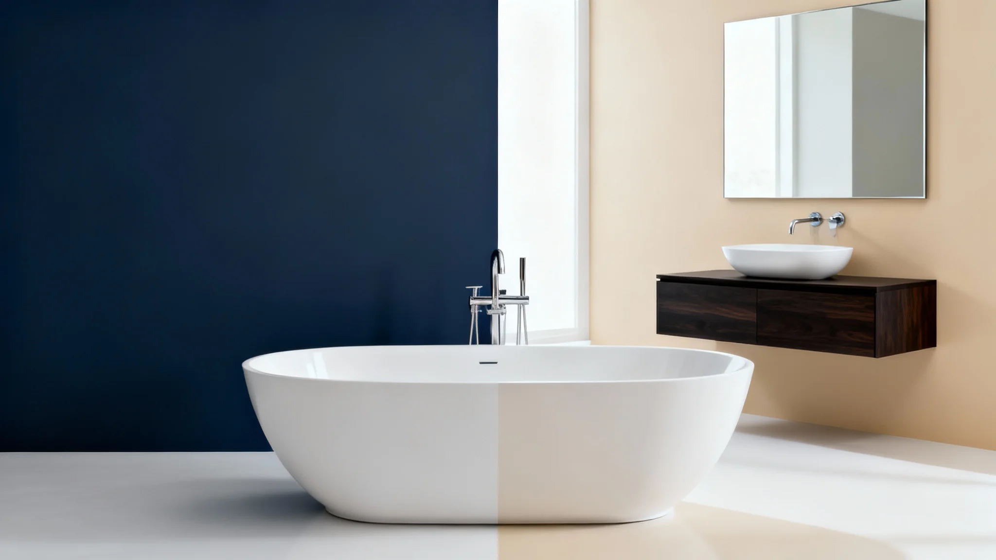 A modern bathroom interior demonstrating a color visualizer concept, with the room perfectly split in half to show two different paint colors: deep navy blue on one side and light beige on the other.