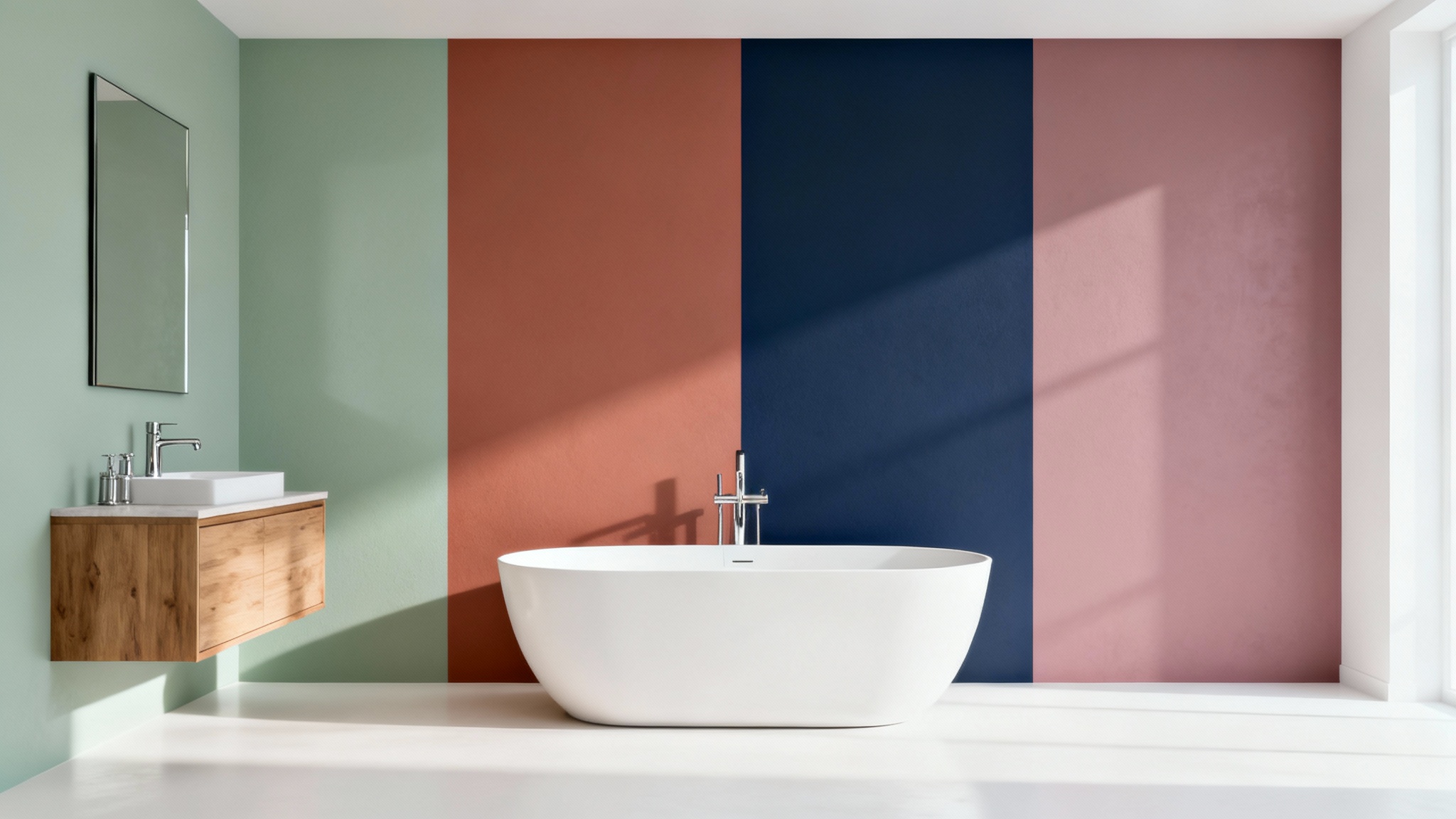 A mockup of a modern bathroom with a freestanding tub, where the main wall is vertically split into four different colors (sage green, terracotta, navy blue, and dusty rose) to represent a bathroom color visualizer.