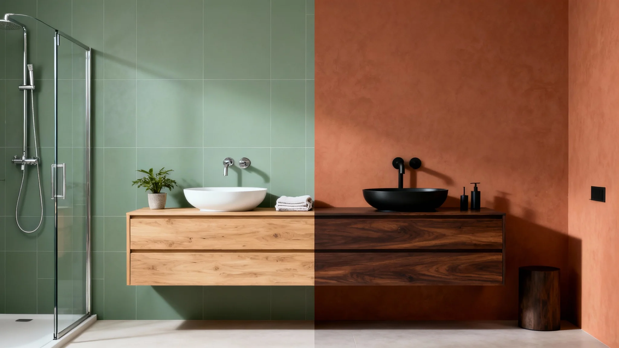 A modern bathroom mockup split into two different color schemes, demonstrating a color visualizer. The left side is decorated in cool tones of sage green and light wood, while the right side features warm terracotta and dark wood.
