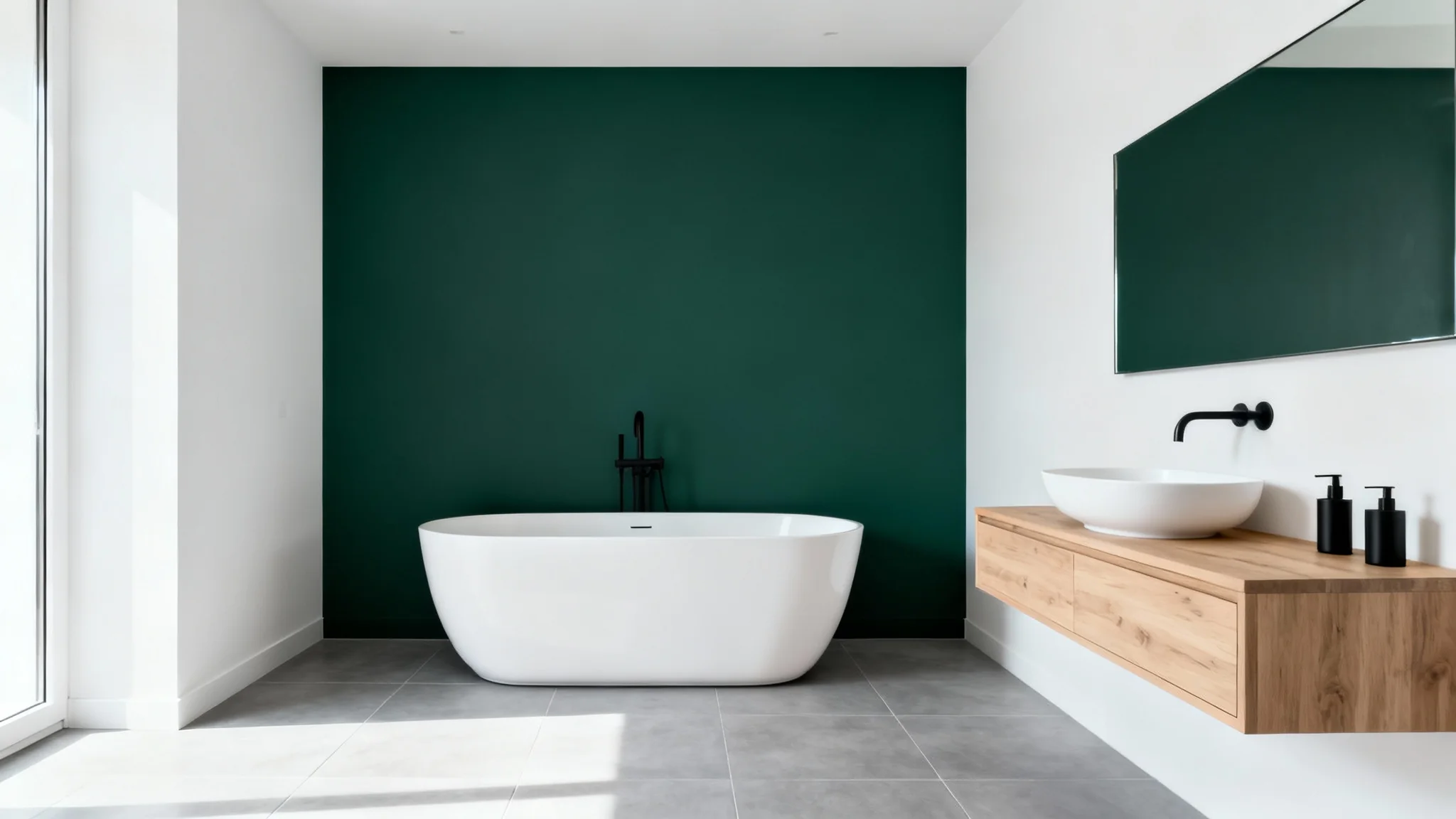 A photorealistic mockup of a modern bathroom with a sage green accent wall behind a white tub, illustrating the use of a bathroom color visualizer.