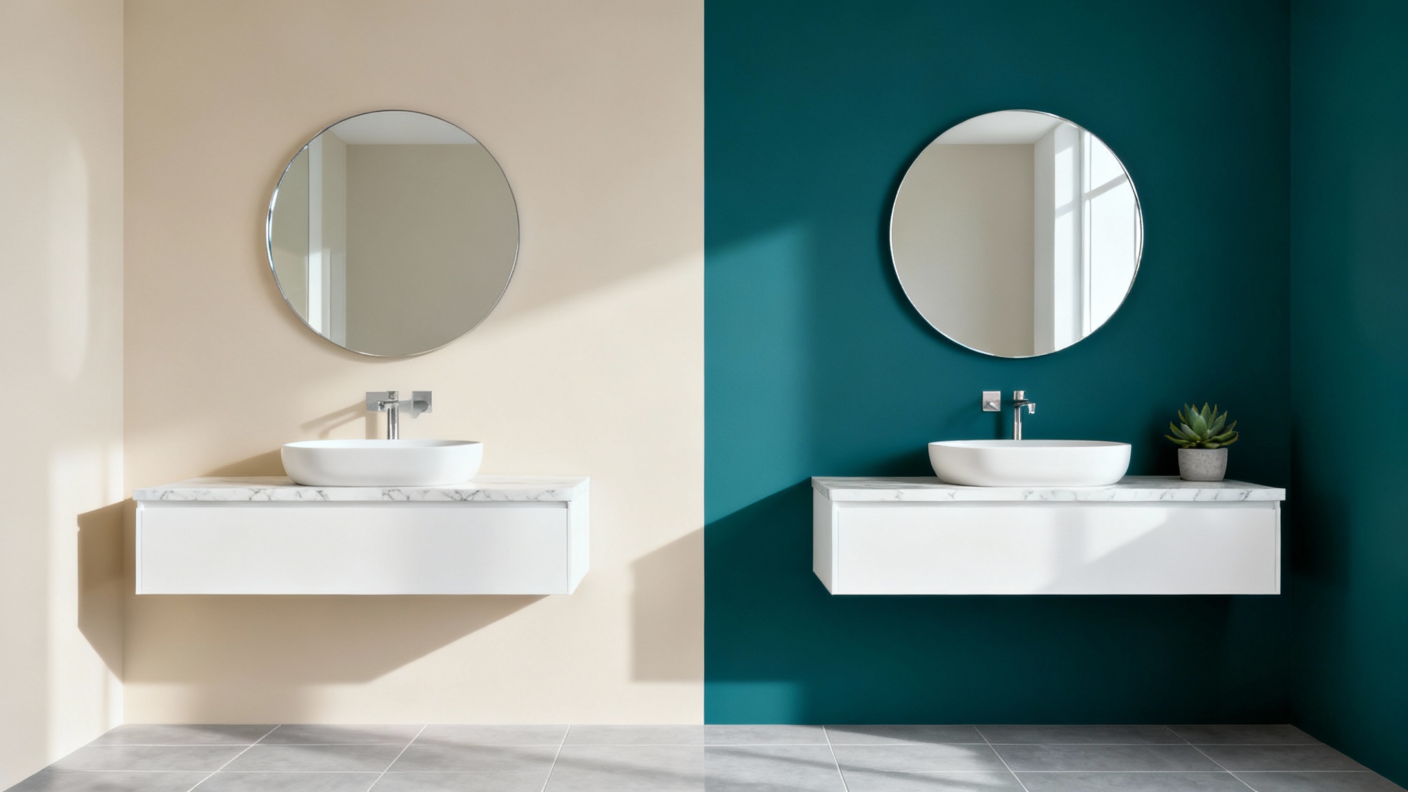 A split-screen image of a modern bathroom demonstrating a color visualizer. The left side has beige walls, and the right side has deep teal walls, while all fixtures remain the same.
