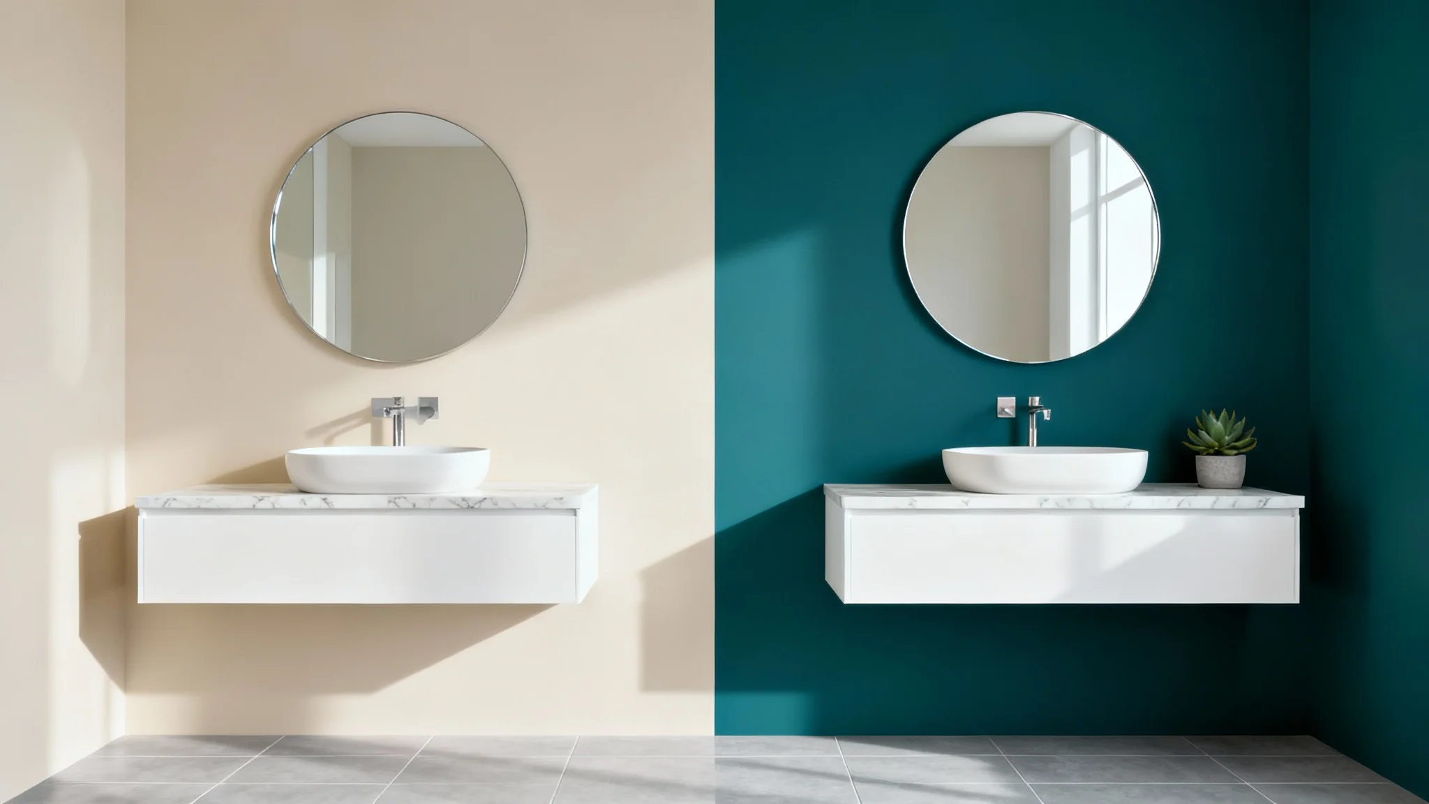 A split-screen image of a modern bathroom demonstrating a color visualizer. The left side has beige walls, and the right side has deep teal walls, while all fixtures remain the same.