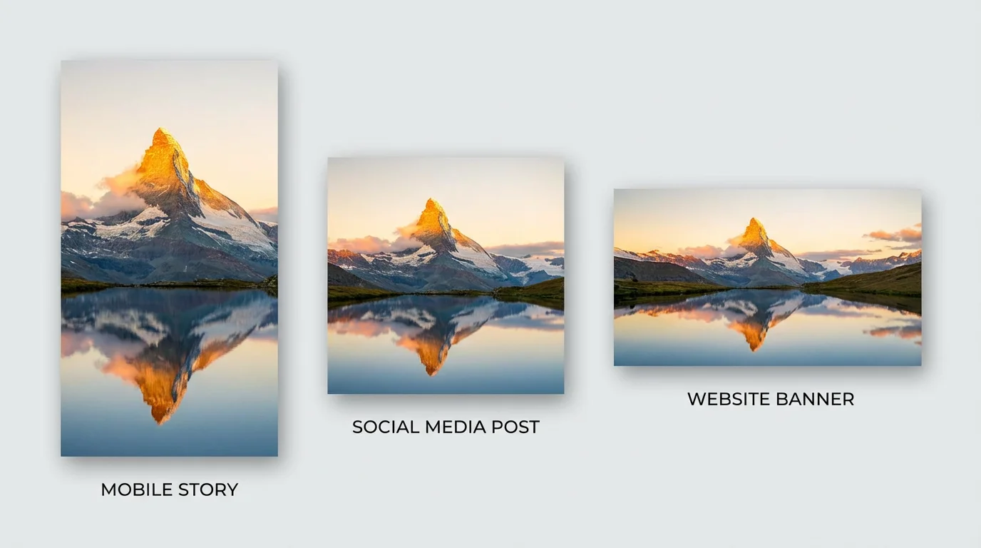 A collage showing a single photograph of a mountain sunrise resized into three different formats: a vertical rectangle, a square, and a wide banner, all arranged cleanly on a light background.
