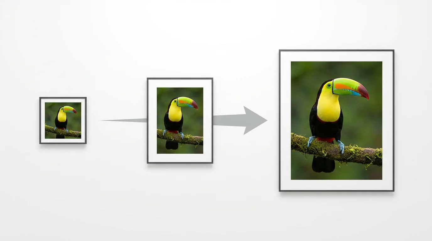 A conceptual image demonstrating image resizing, showing three versions of a toucan photo in small, medium, and large sizes on a white background, with an arrow indicating the progression.