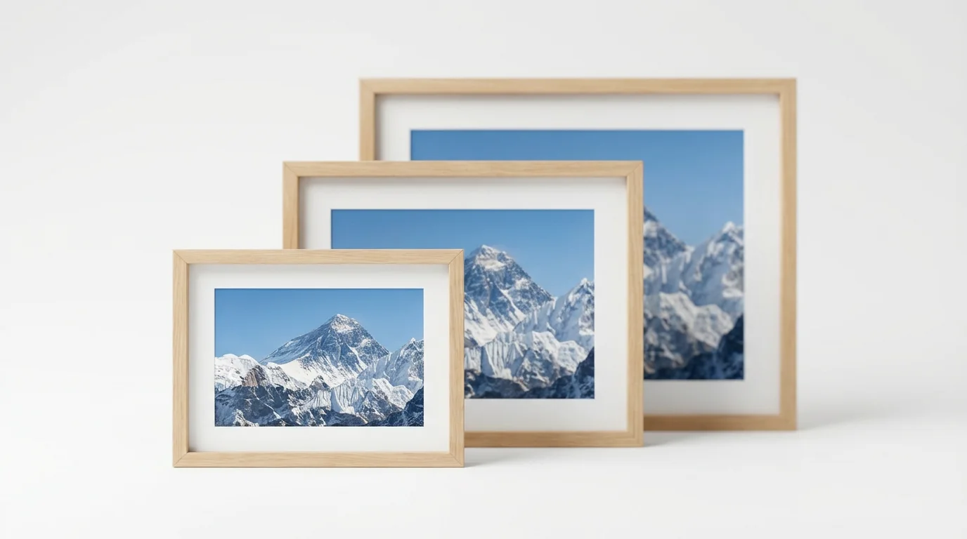 A conceptual photo showing the same image of a mountain in three different-sized frames, representing the concept of resizing an image.