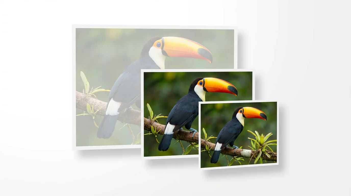 A photo of a colorful toucan is shown in three different sizes, cascading from large to small, to illustrate the concept of resizing an image.