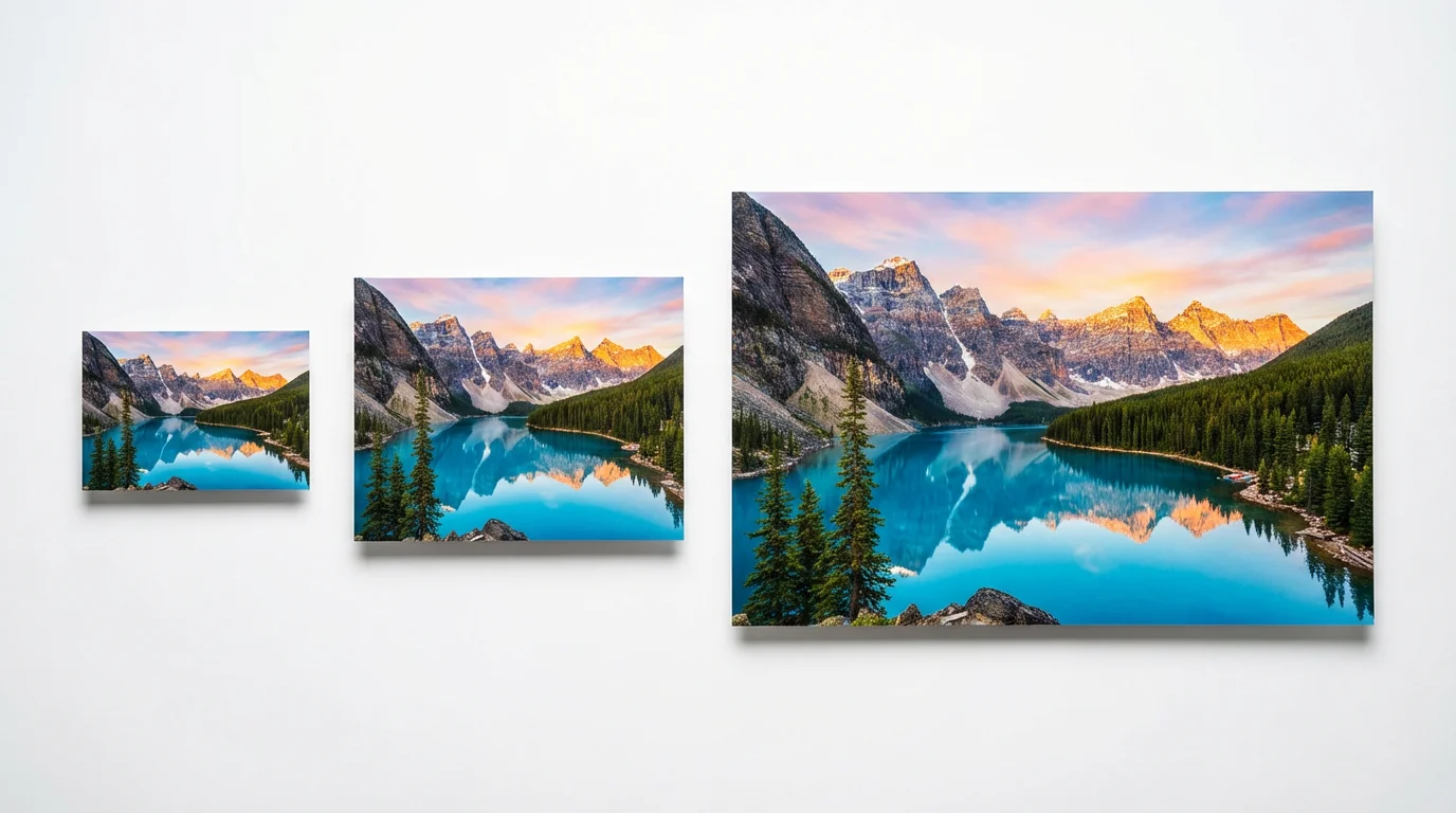 A visual representation of image resizing, showing three photo prints of the same landscape in small, medium, and large sizes laid out on a clean white background.