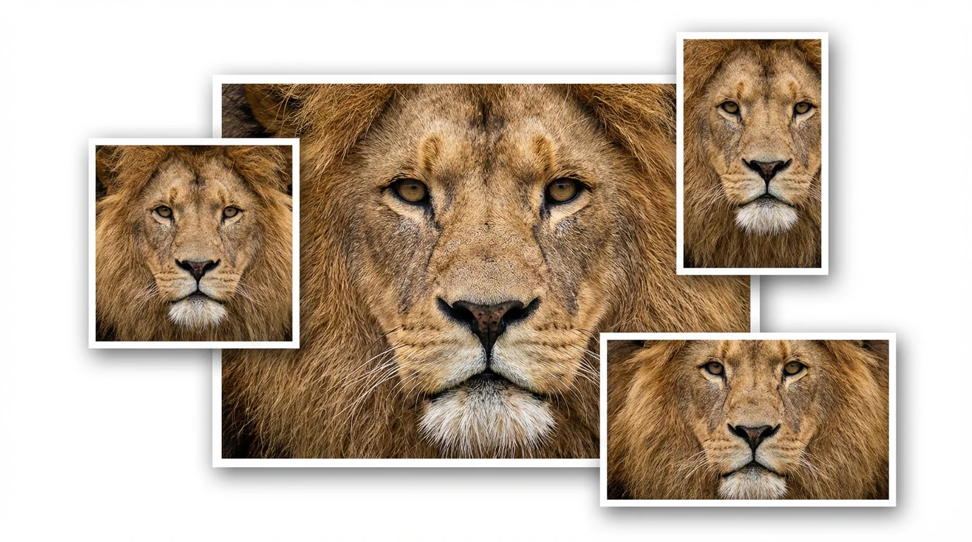 A central large photo of a lion's head is surrounded by smaller versions of the same photo in different sizes and shapes, demonstrating the concept of image resizing against a white background.