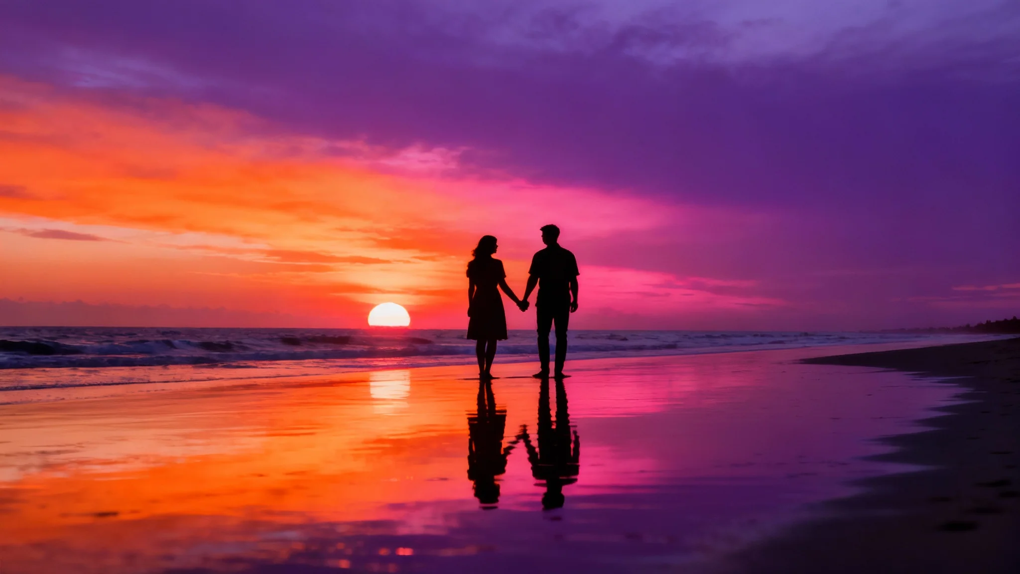 A stunning final result of a sunset silhouette effect, showing a photorealistic image of a couple silhouetted against a vibrant, colorful sunset on a beach.