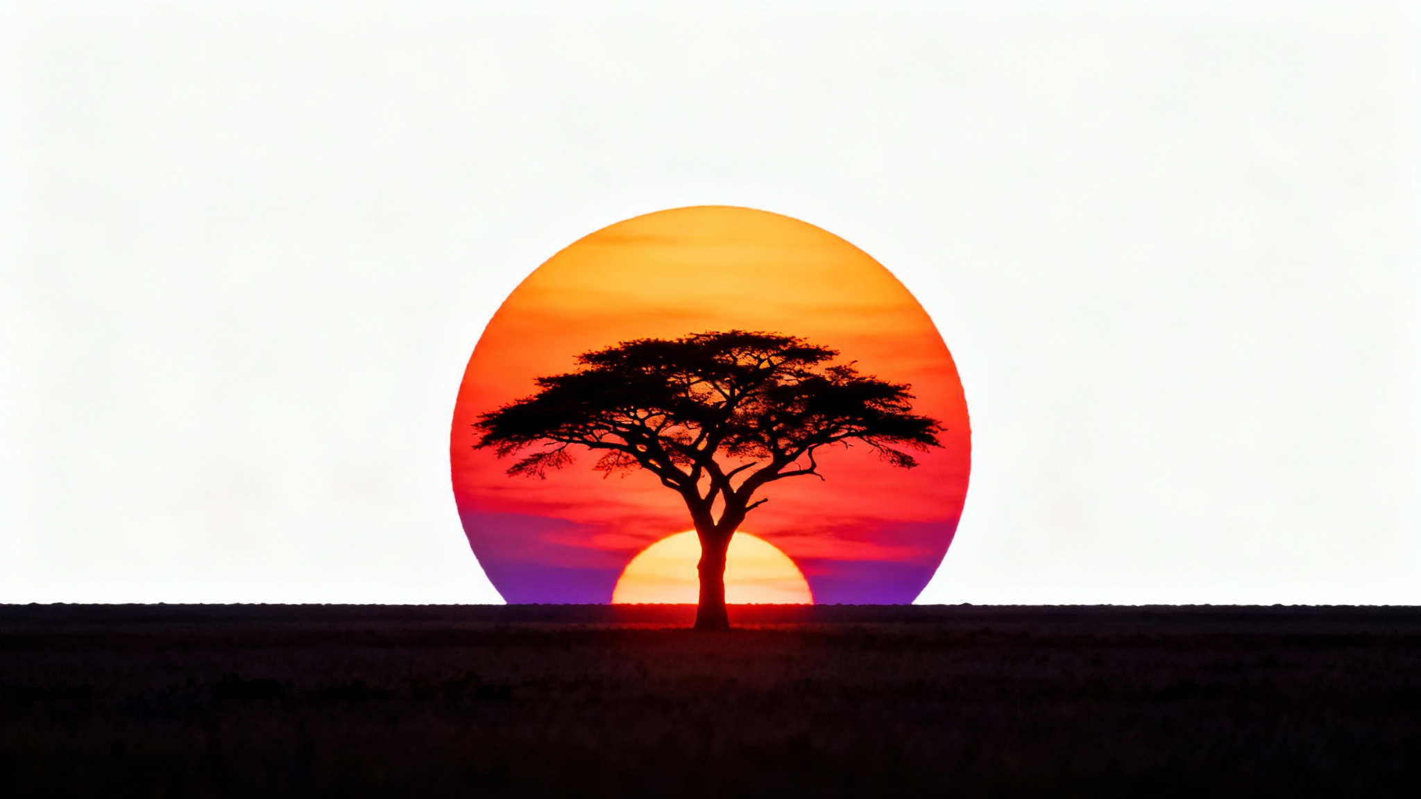 A stark silhouette of a single acacia tree on the African savanna against a massive, vibrant orange and red setting sun.