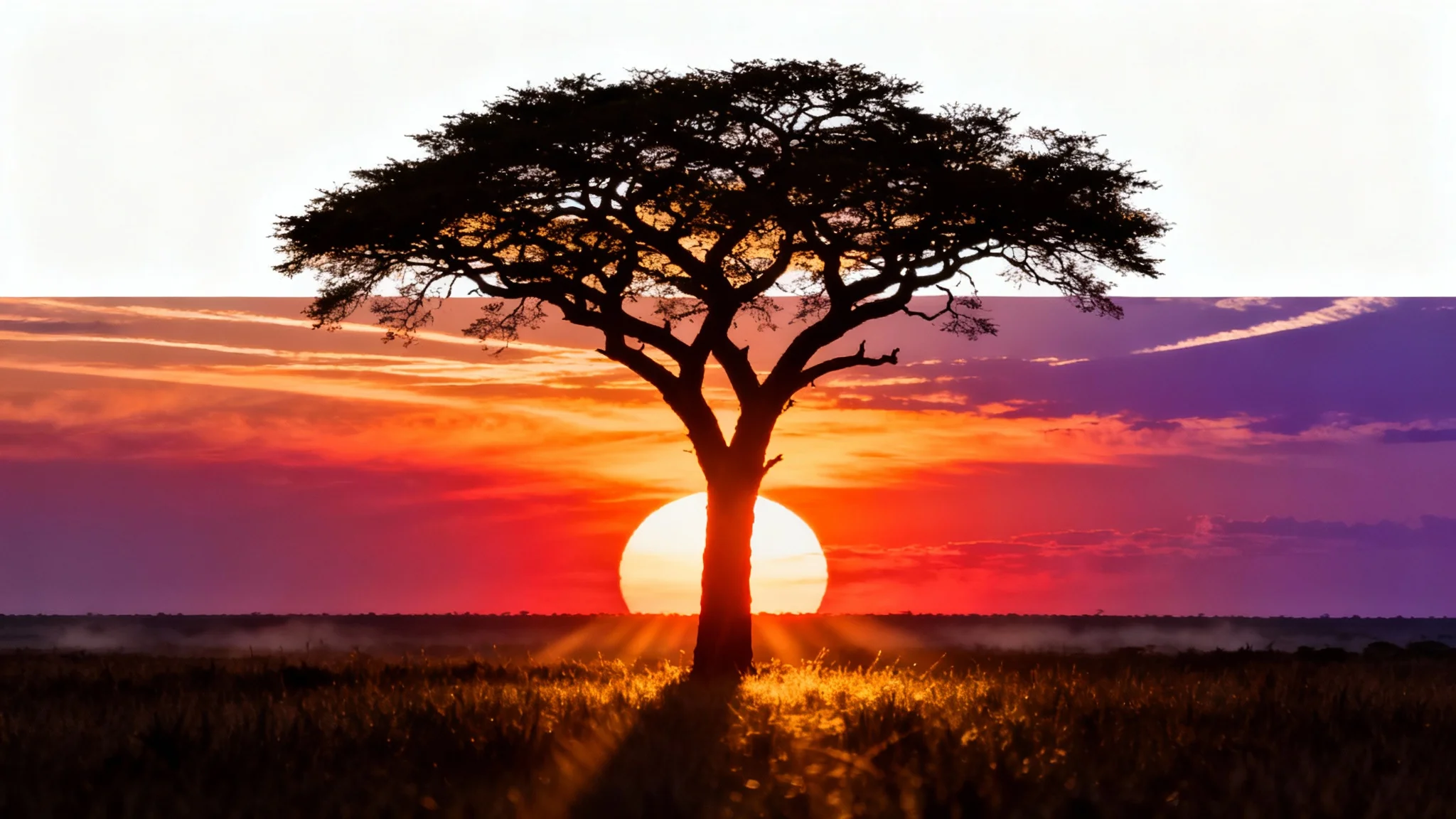 A photorealistic silhouette of a large acacia tree against a fiery orange and purple African sunset, presented as a mockup on a clean white background.