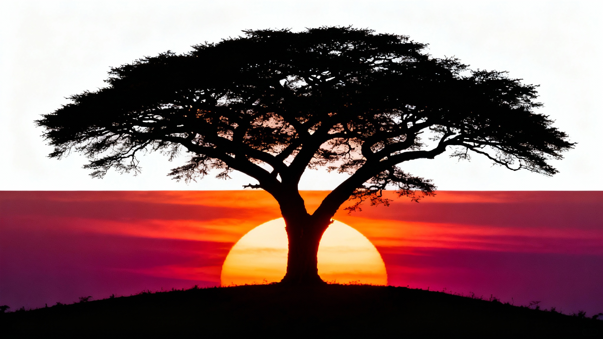 A photorealistic silhouette of a lone acacia tree on a small hill, set against a vibrant and dramatic sunset with hues of orange, red, and magenta. The image has a clean, minimalist feel.