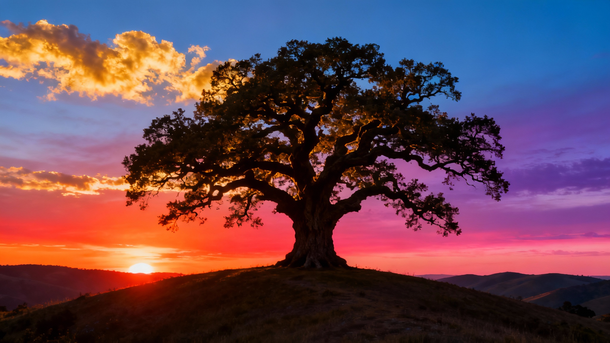 A silhouette of a large, lone tree on a hill against a dramatic and colorful sunset sky.