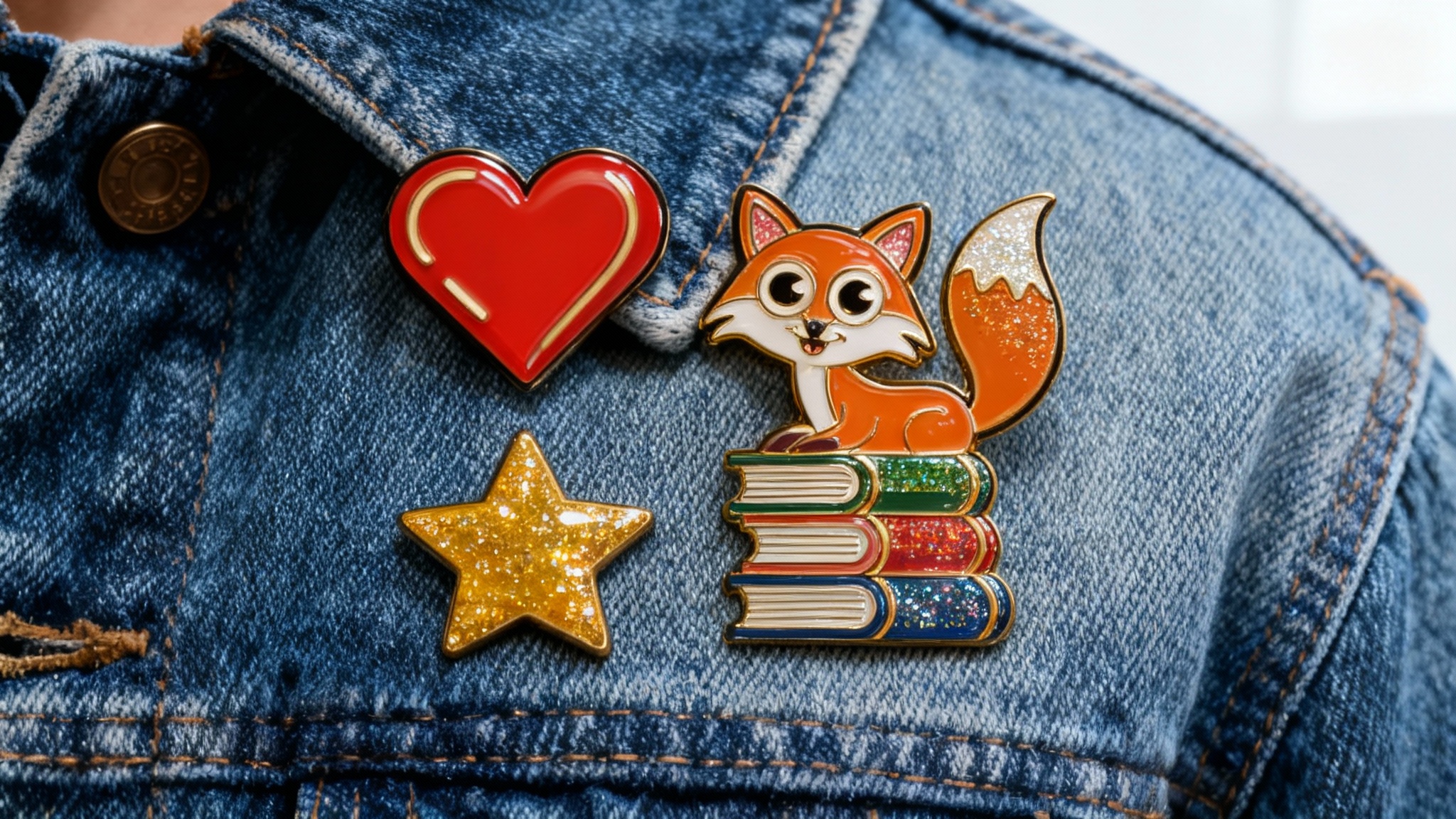 A photorealistic hero image showing several custom-designed enamel pins attached to a denim jacket. The pins, including a heart and a cute fox, are glossy with polished gold outlines, demonstrating a high-quality finished product.