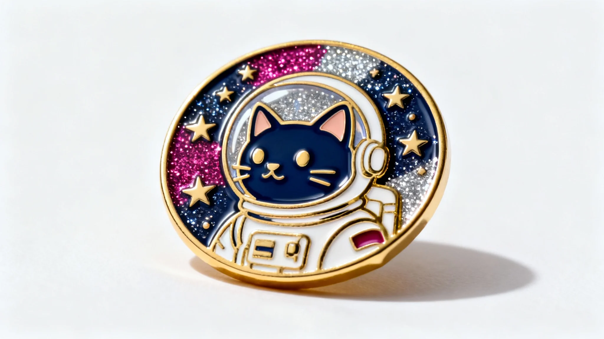 A photorealistic mockup of a whimsical cat astronaut enamel pin with gold metal outlines and vibrant colors, displayed on a clean white background.