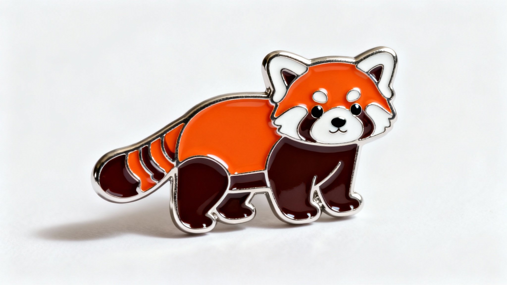 A photorealistic mockup of a custom-shaped, silver-plated enamel pin designed as a cute red panda, shown on a clean white background.