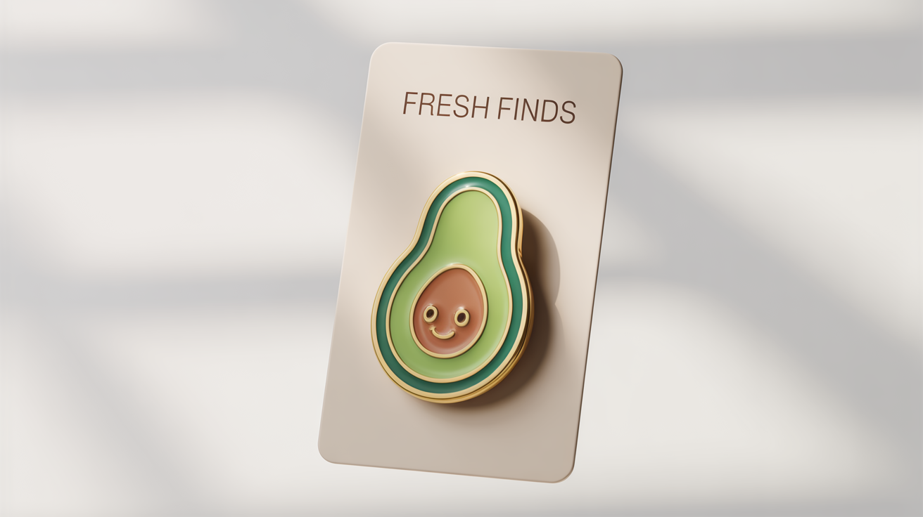 A product mockup of a cute avocado enamel pin with a smiling face, attached to an off-white backing card with the words 'Fresh Finds', set against a plain white background.