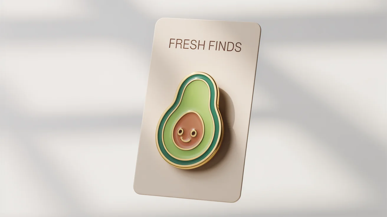 A product mockup of a cute avocado enamel pin with a smiling face, attached to an off-white backing card with the words 'Fresh Finds', set against a plain white background.