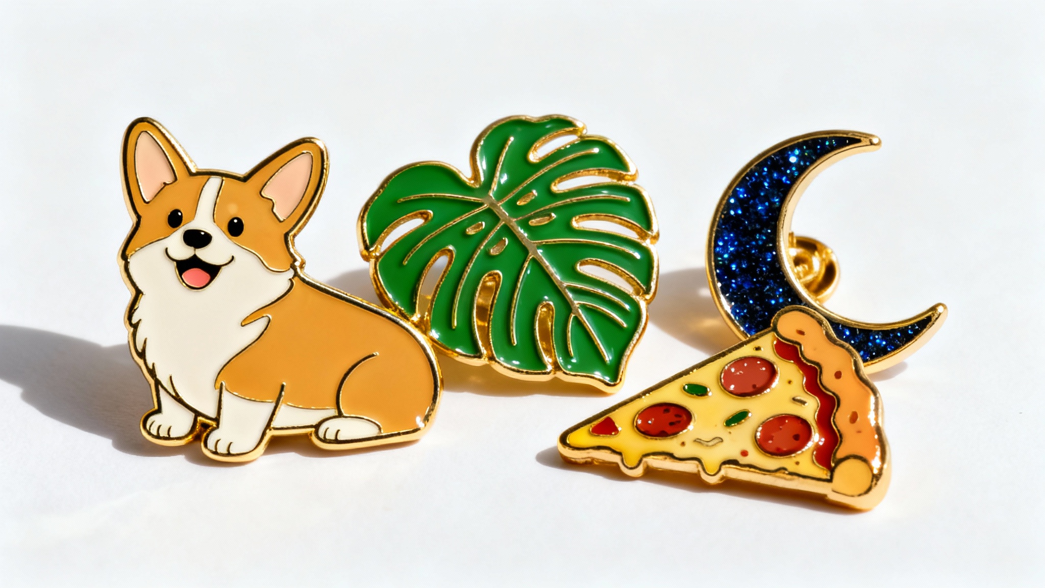 A photorealistic mockup of four custom-designed hard enamel pins with gold plating, displayed on a clean white background. The pins feature designs of a cute corgi, a monstera leaf, a glittery crescent moon, and a slice of pizza.