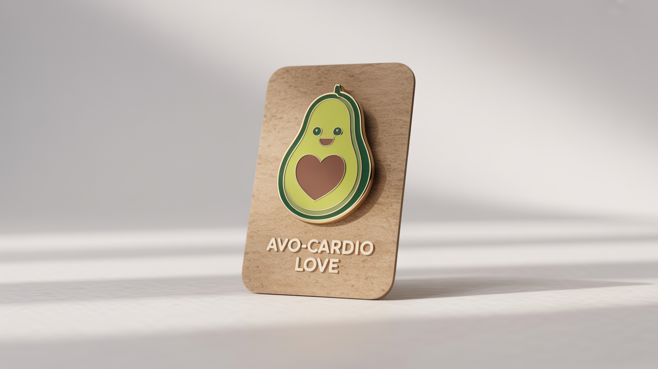 A photorealistic mockup of a cute avocado-shaped enamel pin with a heart for a pit, attached to a cardboard backing card with the text 'AVO-CARDIO LOVE', set against a plain white background.
