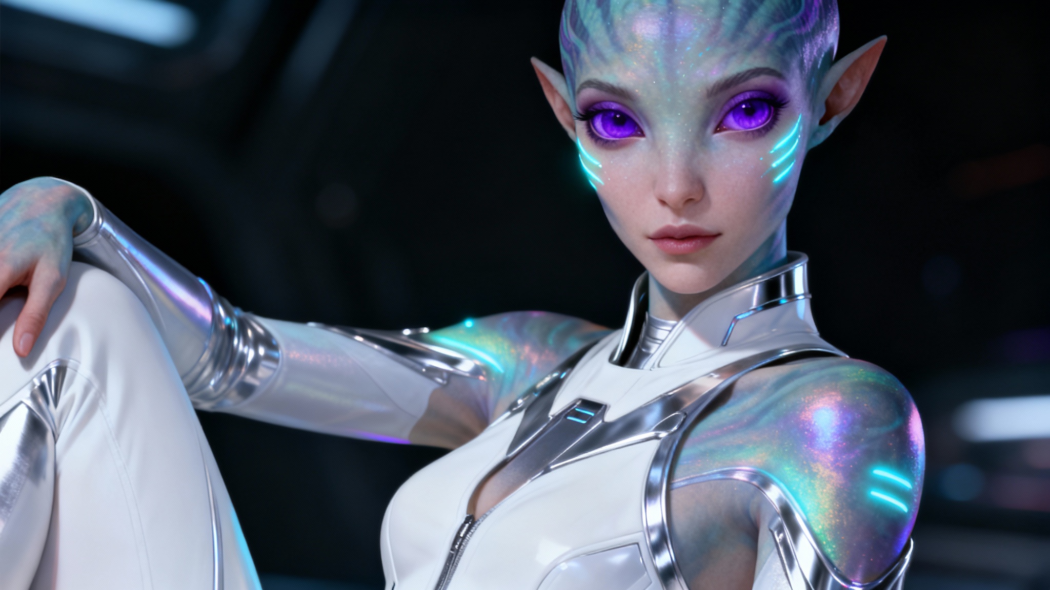 A professionally designed character concept of a beautiful female alien with iridescent skin, glowing facial markings, and large purple eyes, set against a dark, minimalist background.