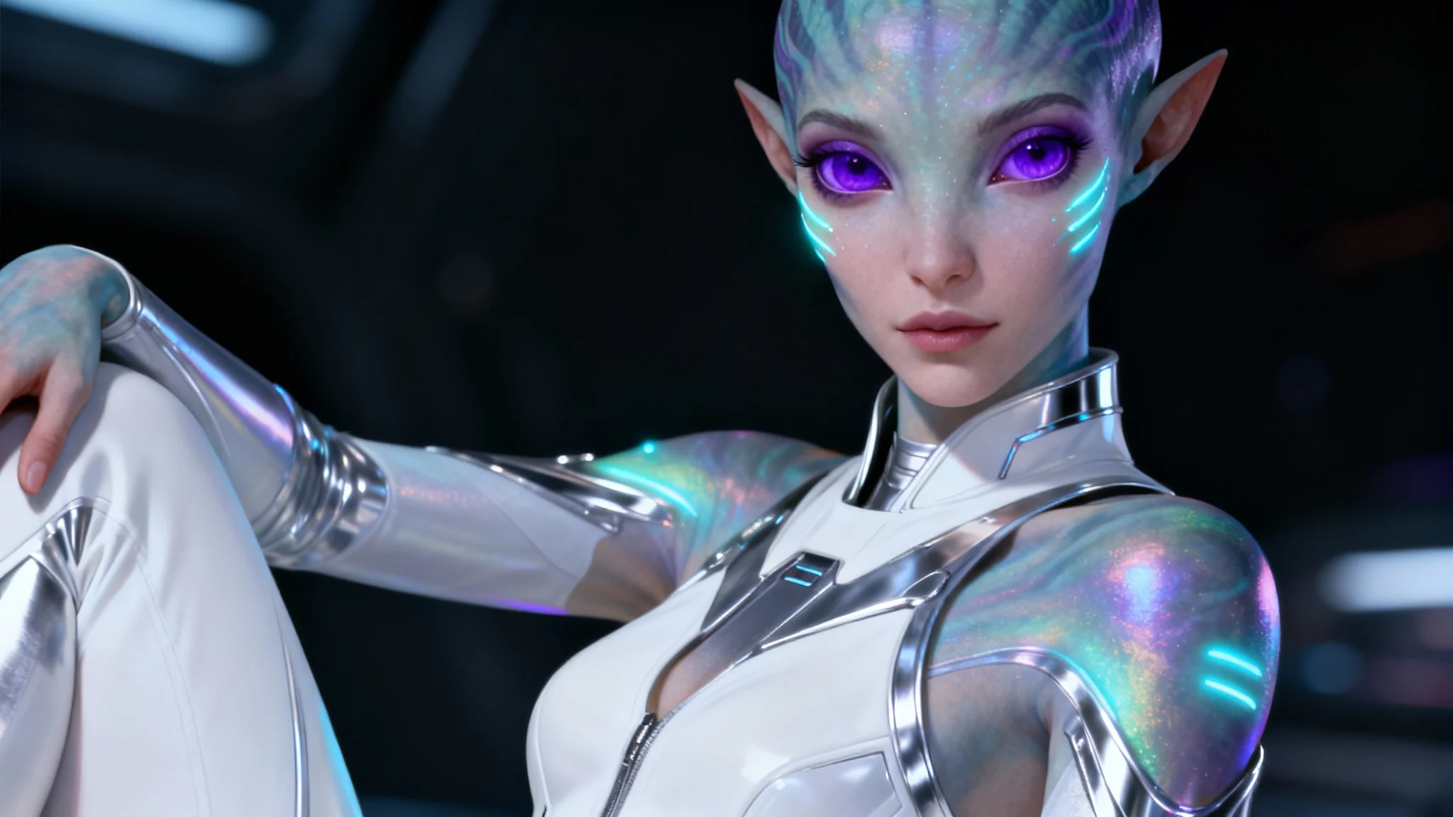 A professionally designed character concept of a beautiful female alien with iridescent skin, glowing facial markings, and large purple eyes, set against a dark, minimalist background.