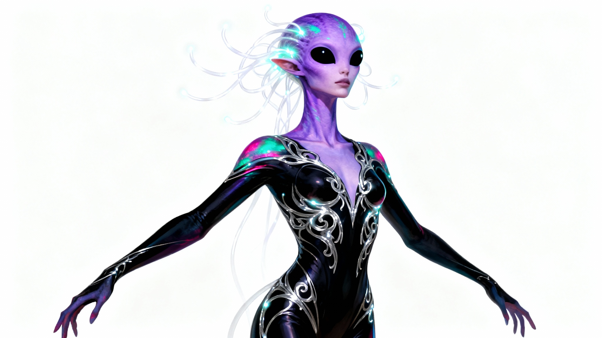 A full-body character design of an elegant female alien with iridescent lavender skin, large black eyes, and glowing tendrils for hair, wearing a black and silver bodysuit against a plain white background.
