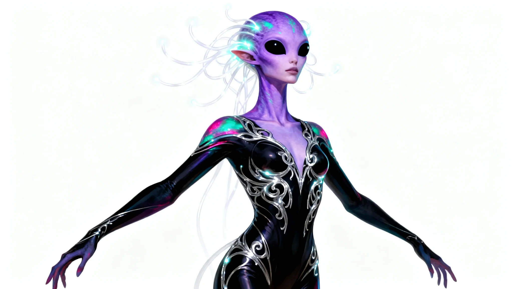 A full-body character design of an elegant female alien with iridescent lavender skin, large black eyes, and glowing tendrils for hair, wearing a black and silver bodysuit against a plain white background.