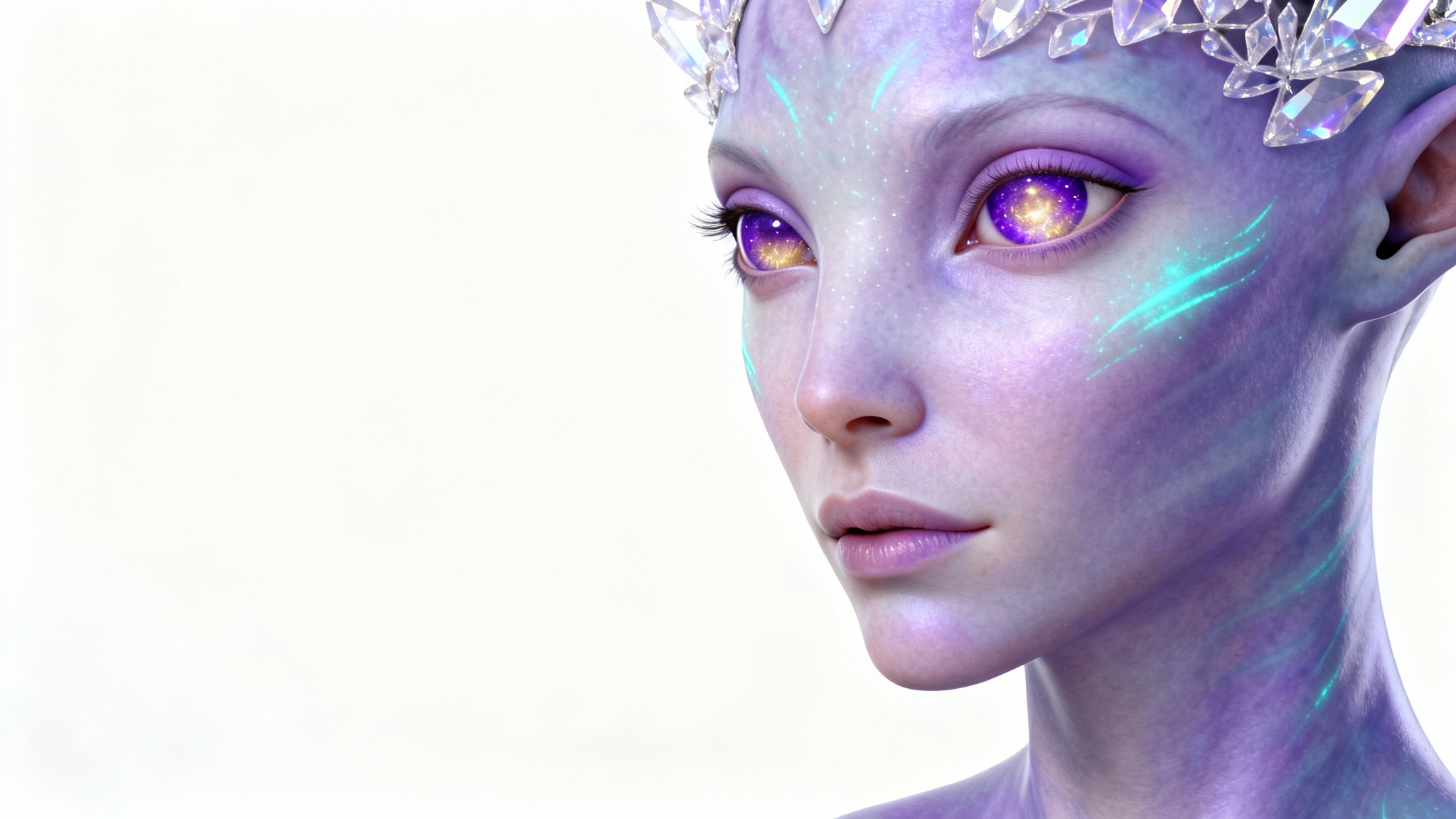 A detailed character design of a female alien's head and shoulders against a white background. She has iridescent lavender skin, large galaxy-like eyes, and a crown of translucent crystals instead of hair.