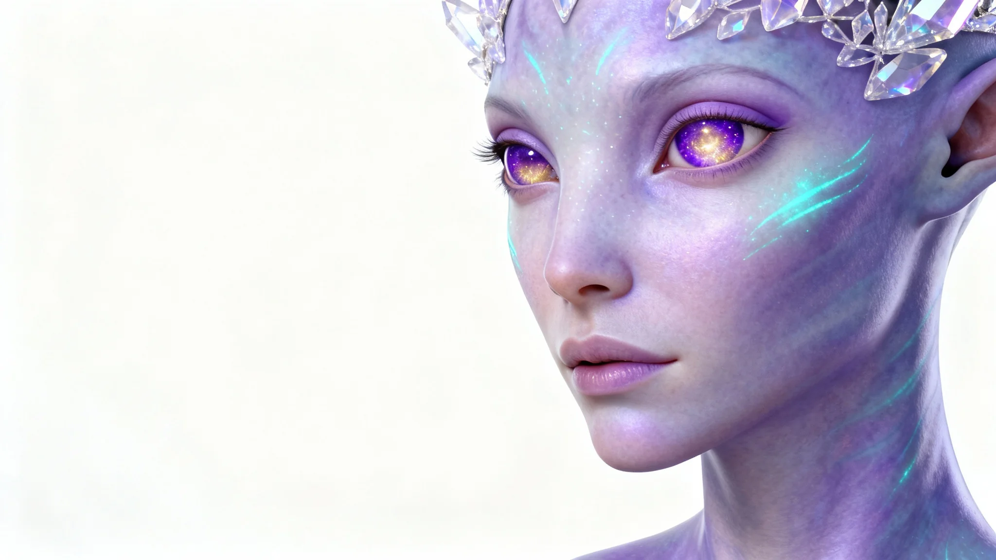 A detailed character design of a female alien's head and shoulders against a white background. She has iridescent lavender skin, large galaxy-like eyes, and a crown of translucent crystals instead of hair.