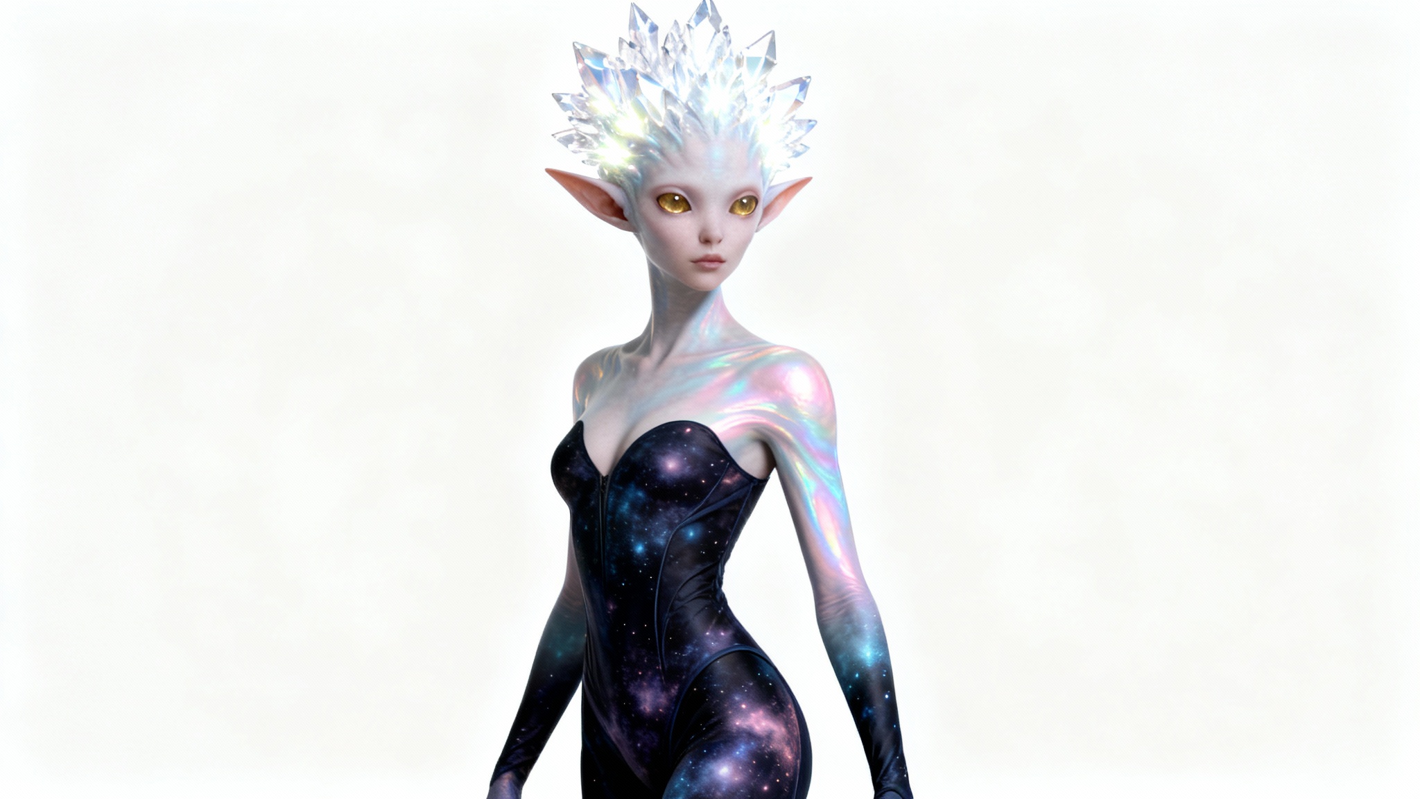 A hyper-detailed character design of a graceful female alien with iridescent skin and glowing crystalline structures on her head, posing against a solid white background.