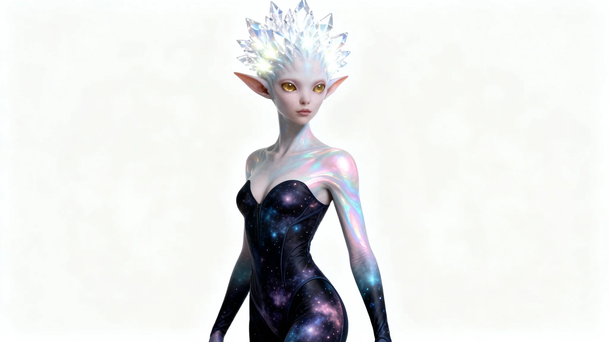 A hyper-detailed character design of a graceful female alien with iridescent skin and glowing crystalline structures on her head, posing against a solid white background.