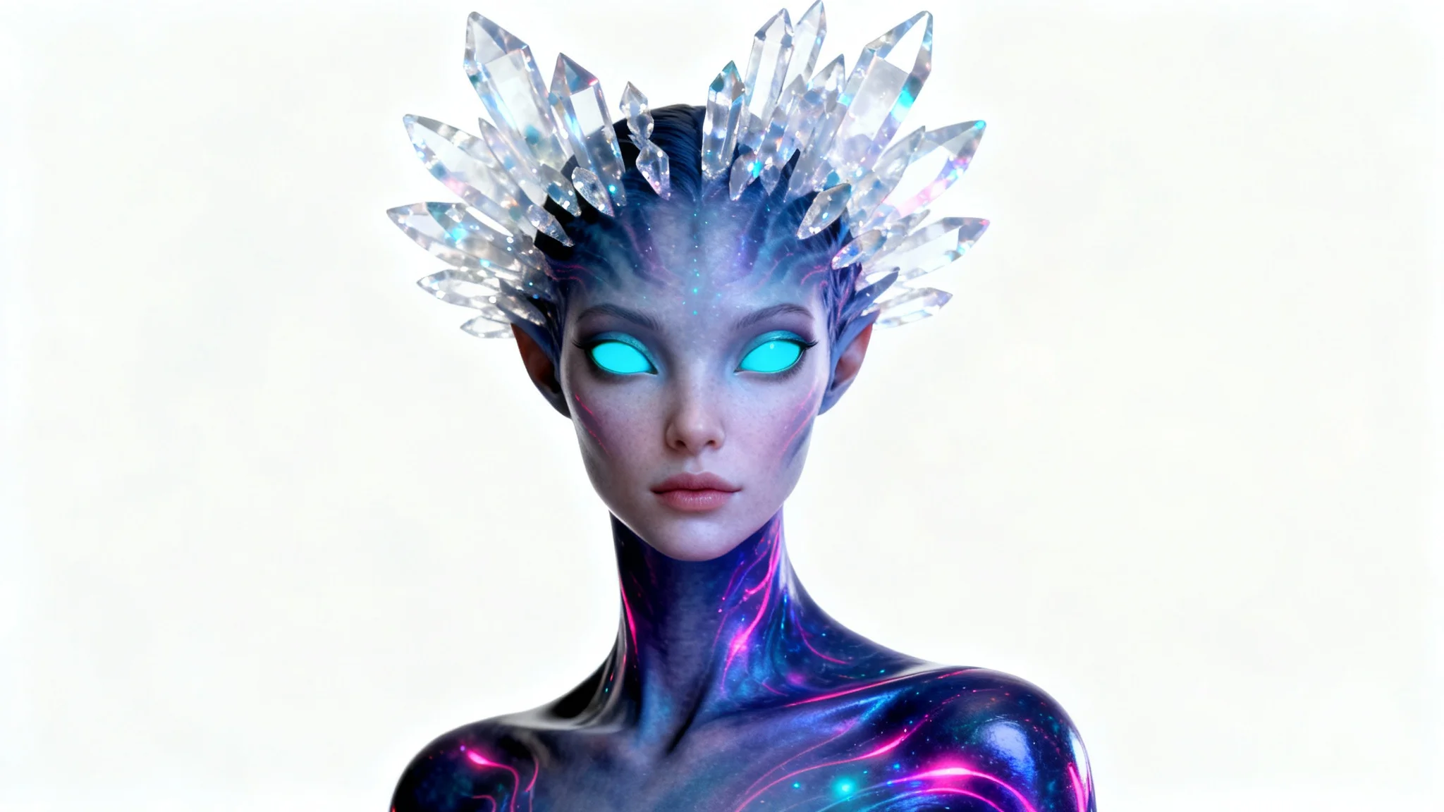 A concept art portrait of an elegant female alien character with iridescent, bioluminescent skin and glowing cyan eyes, set against a plain white background.