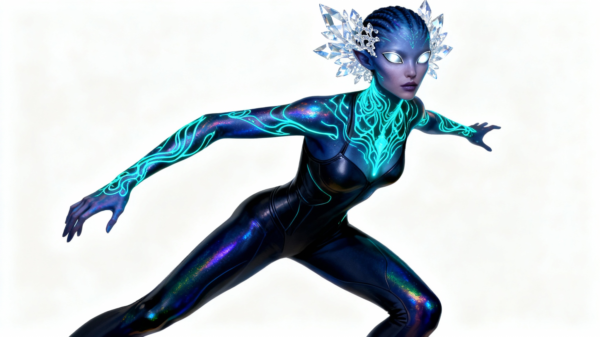 A full-body character design of a graceful female alien standing against a white background. Her skin is iridescent indigo with glowing blue patterns, and she has large, silver, pupil-less eyes and a crystalline head crest.