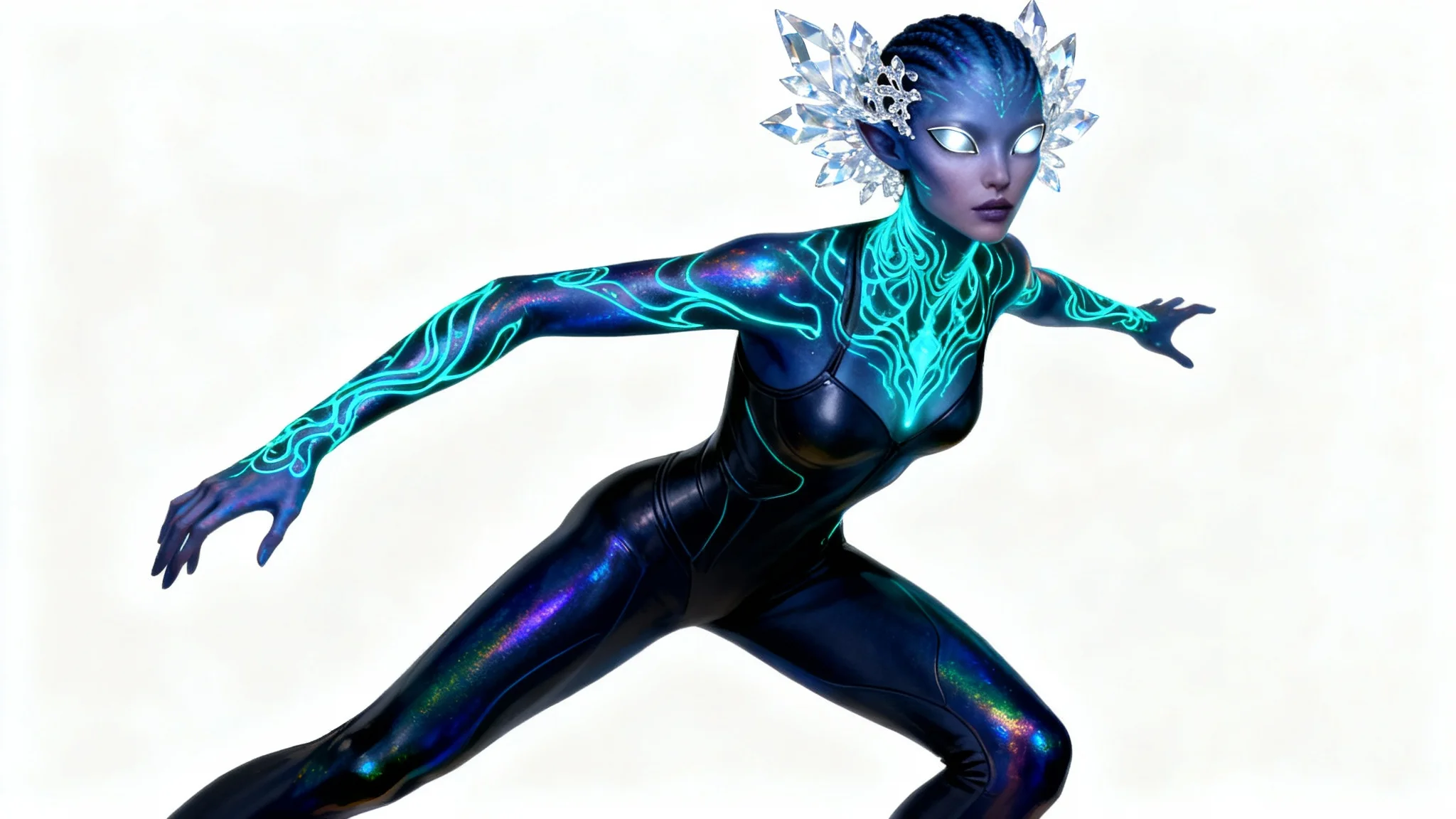 A full-body character design of a graceful female alien standing against a white background. Her skin is iridescent indigo with glowing blue patterns, and she has large, silver, pupil-less eyes and a crystalline head crest.