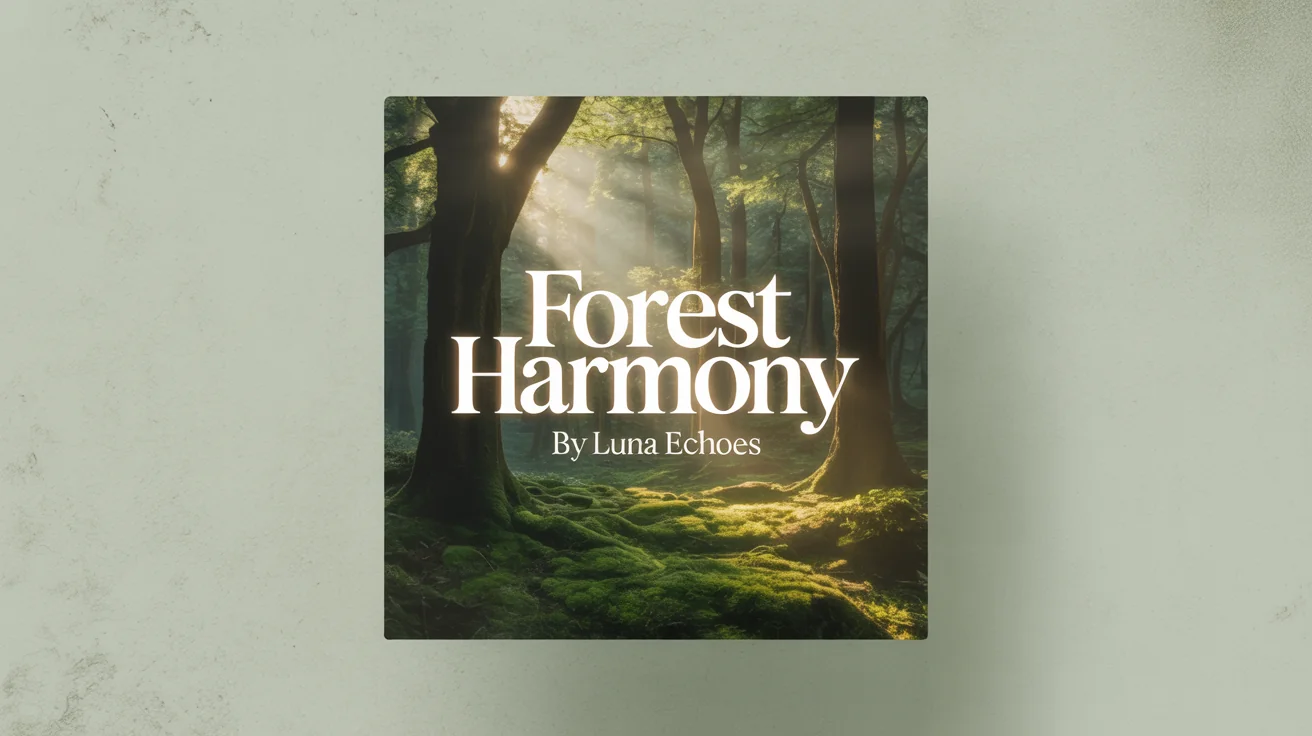 A professionally designed album cover titled 'FOREST HARMONY' by 'LUNA ECHOES', featuring a serene, sunlit forest scene. The cover is displayed in a mockup against a minimal background.