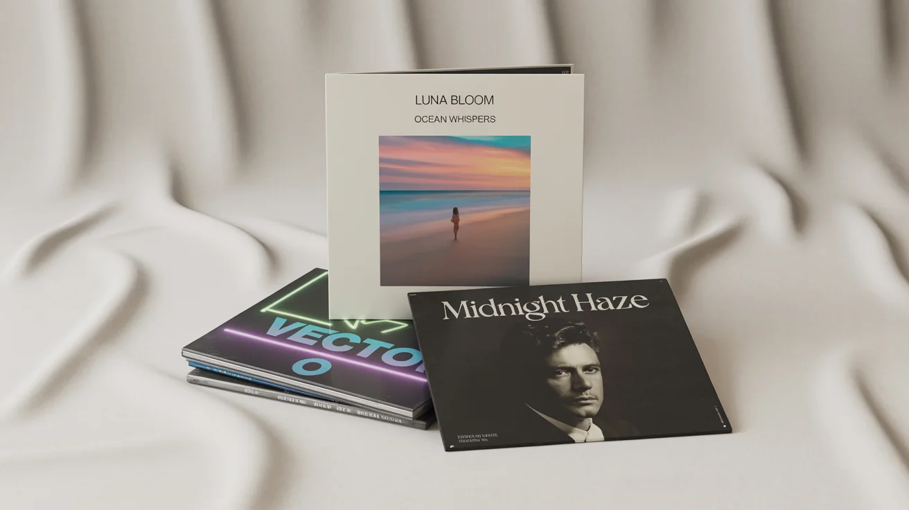 A stack of three different vinyl record album covers, showcasing various musical genres and design styles, presented as a mockup on a clean white background.