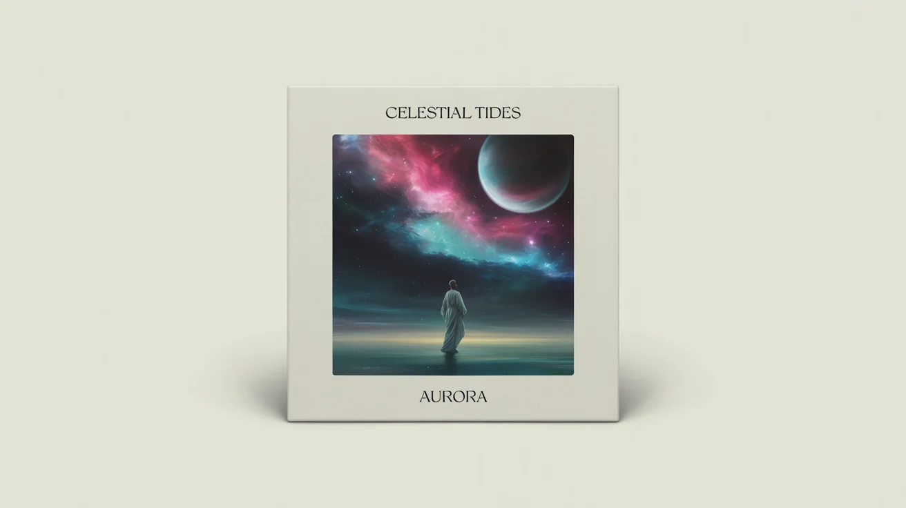 A mockup of an album cover titled 'CELESTIAL TIDES' by 'AURORA', featuring a mystical scene of a figure standing on water reflecting a cosmic, nebula-filled sky. The mockup is on a plain white background.