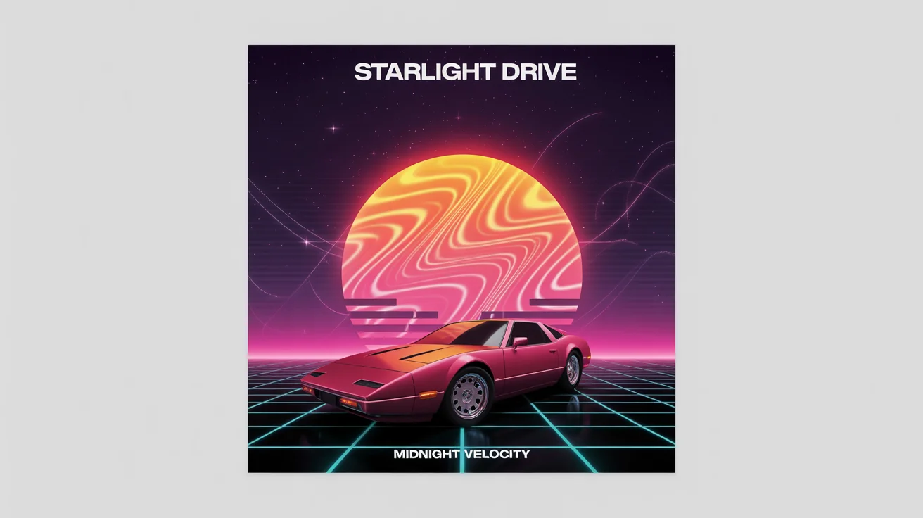 A mockup of a retro 80s synthwave album cover. The artist name 'Starlight Drive' is at the top, and the album title 'Midnight Velocity' is at the bottom. The art shows a red sports car on a neon grid road, driving toward a giant setting sun.