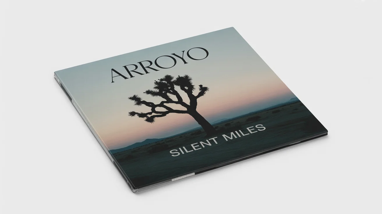 A mockup of an indie music album cover for an artist named 'ARROYO' and an album titled 'SILENT MILES', featuring a photo of a lone Joshua tree in the desert at dusk. The mockup is on a white background.