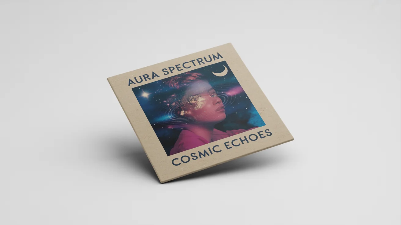 A photorealistic mockup of a square vinyl album cover for the artist 'Aura Spectrum' and the album 'Cosmic Echoes'. The cover features a vibrant, surreal portrait and is displayed on a clean white background.