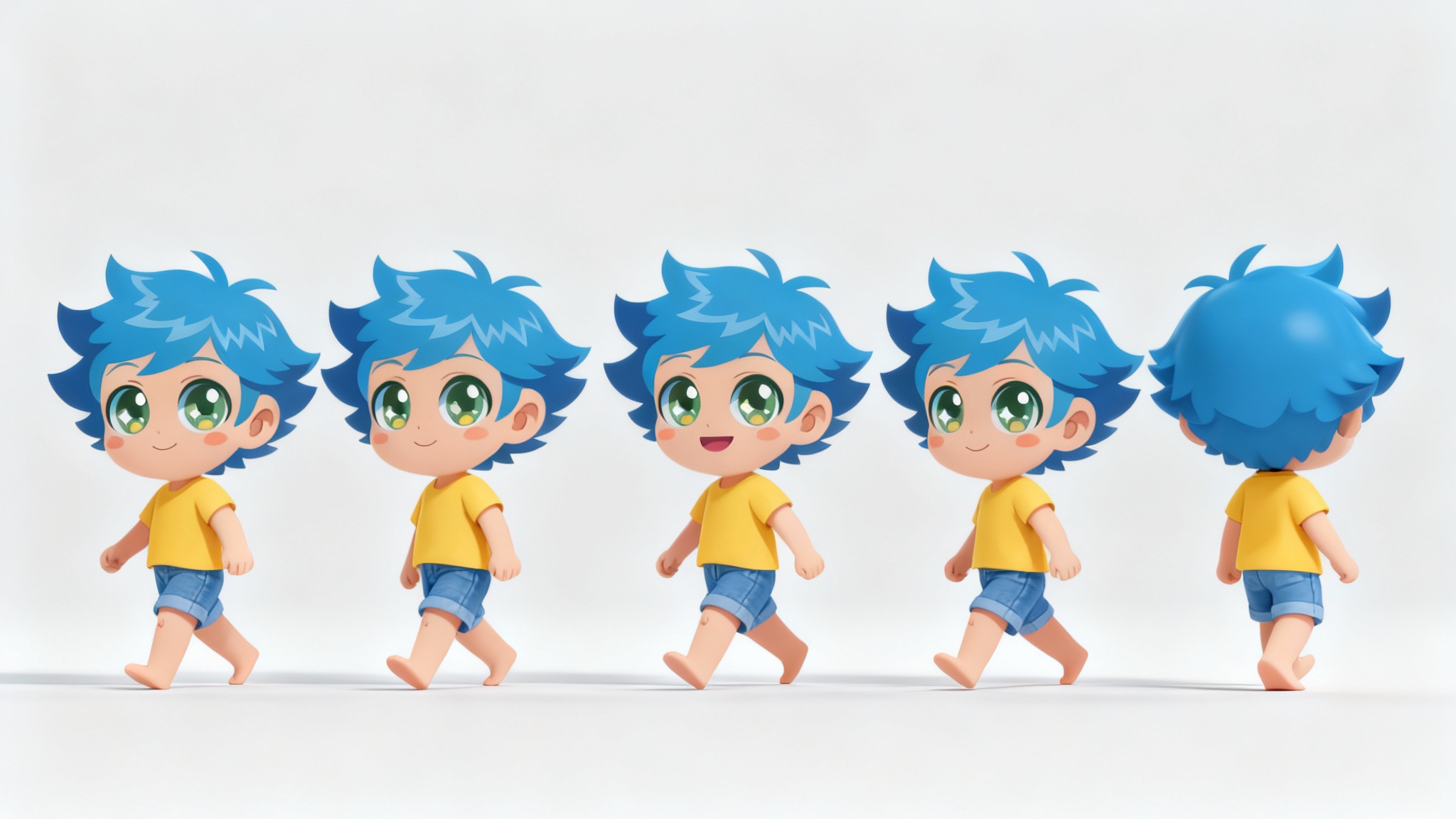 An animation sequence of a chibi character with blue hair walking. Five keyframes are shown in a row, demonstrating the smooth motion of the walk cycle against a clean background.
