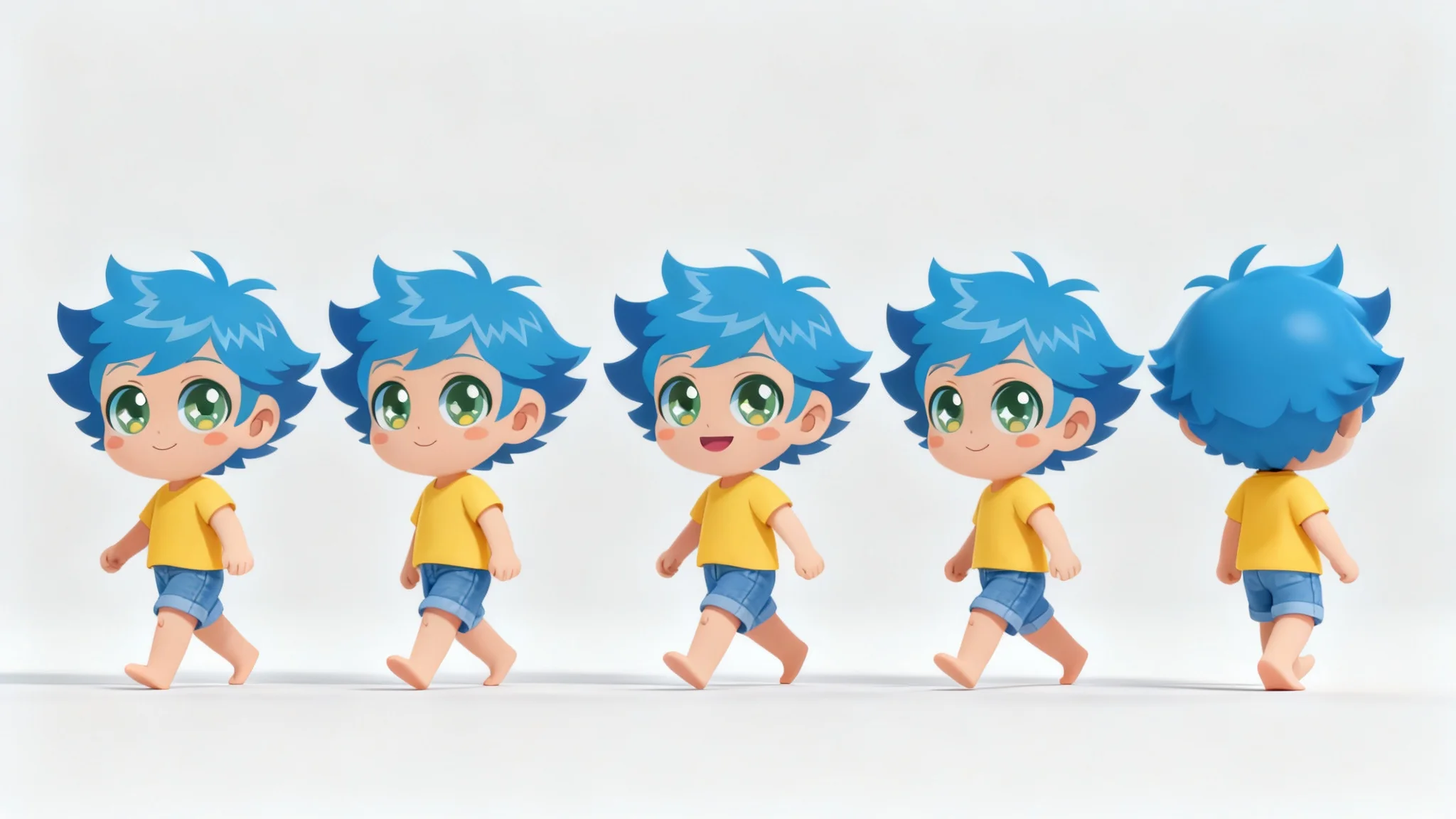 An animation sequence of a chibi character with blue hair walking. Five keyframes are shown in a row, demonstrating the smooth motion of the walk cycle against a clean background.
