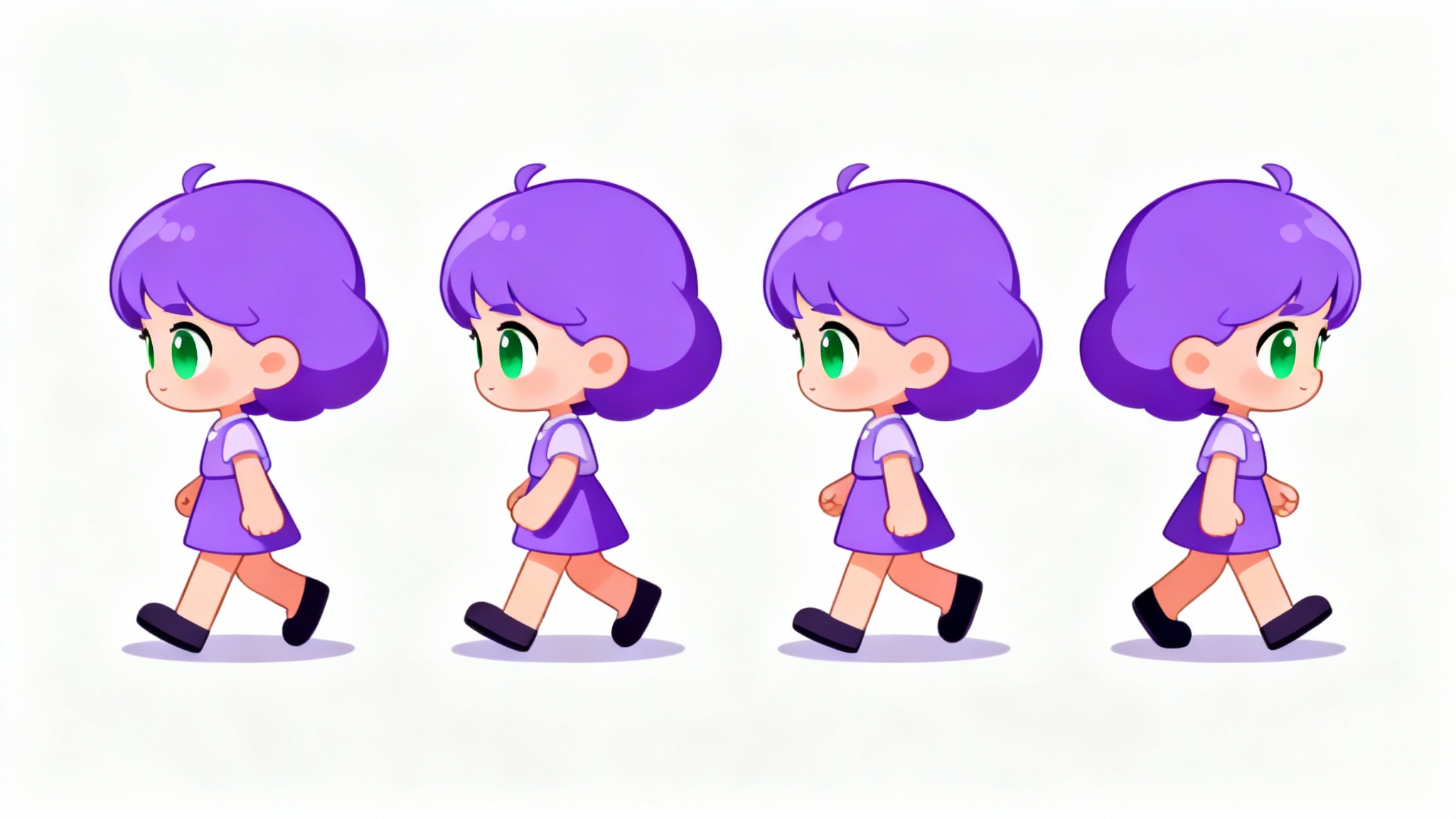 An illustration of a chibi character's walk cycle, showing four key animation frames from a side view against a plain white background.